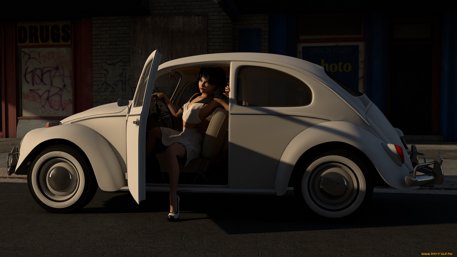 автомобили, 3d, car&girl, фон, взгляд, девушка, автомобиль