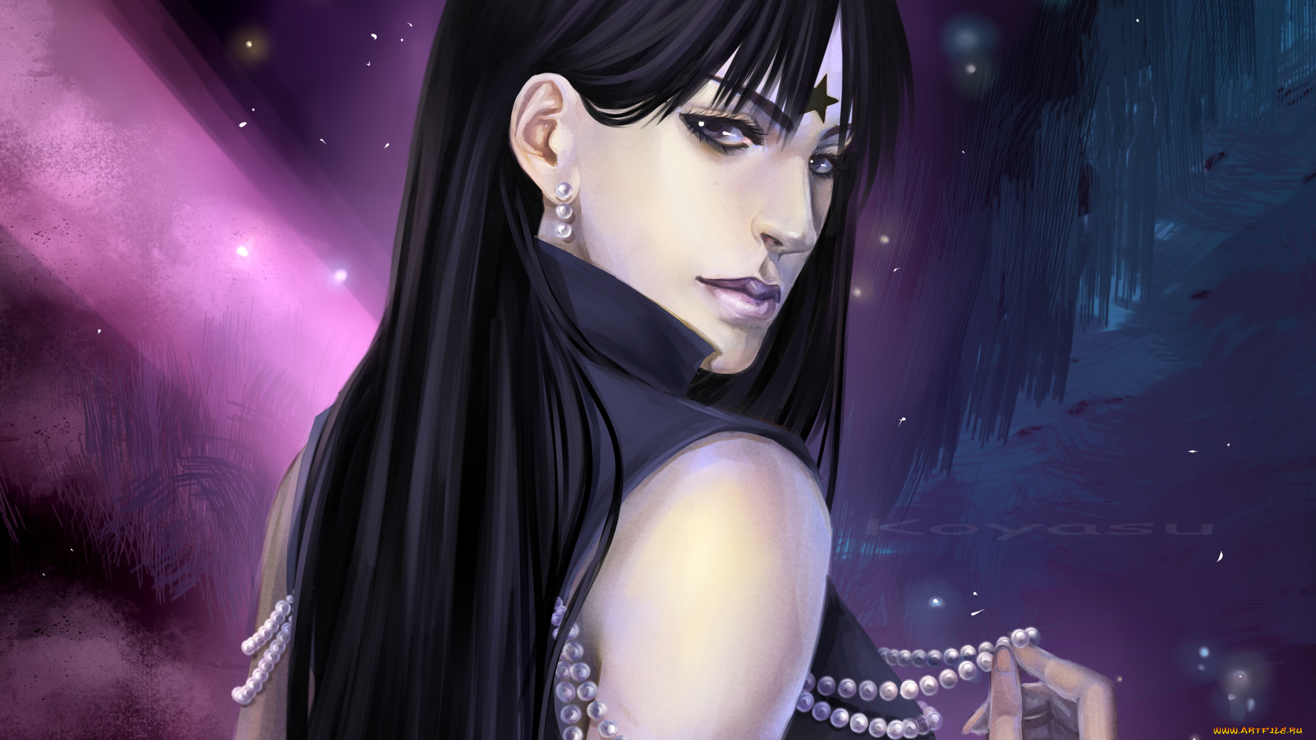 фэнтези, девушки, девушка, взгляд, koyasuko, арт, брюнетка, огоньки, бусы