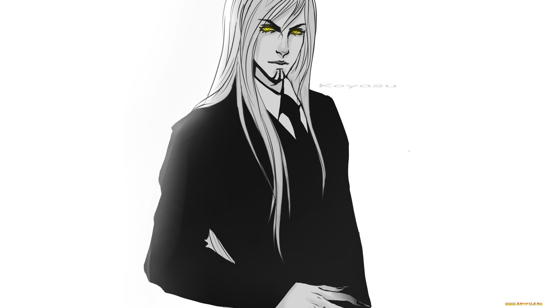 фэнтези, существа, неко, мужчина, арт, чёрно-белое, белый, фон