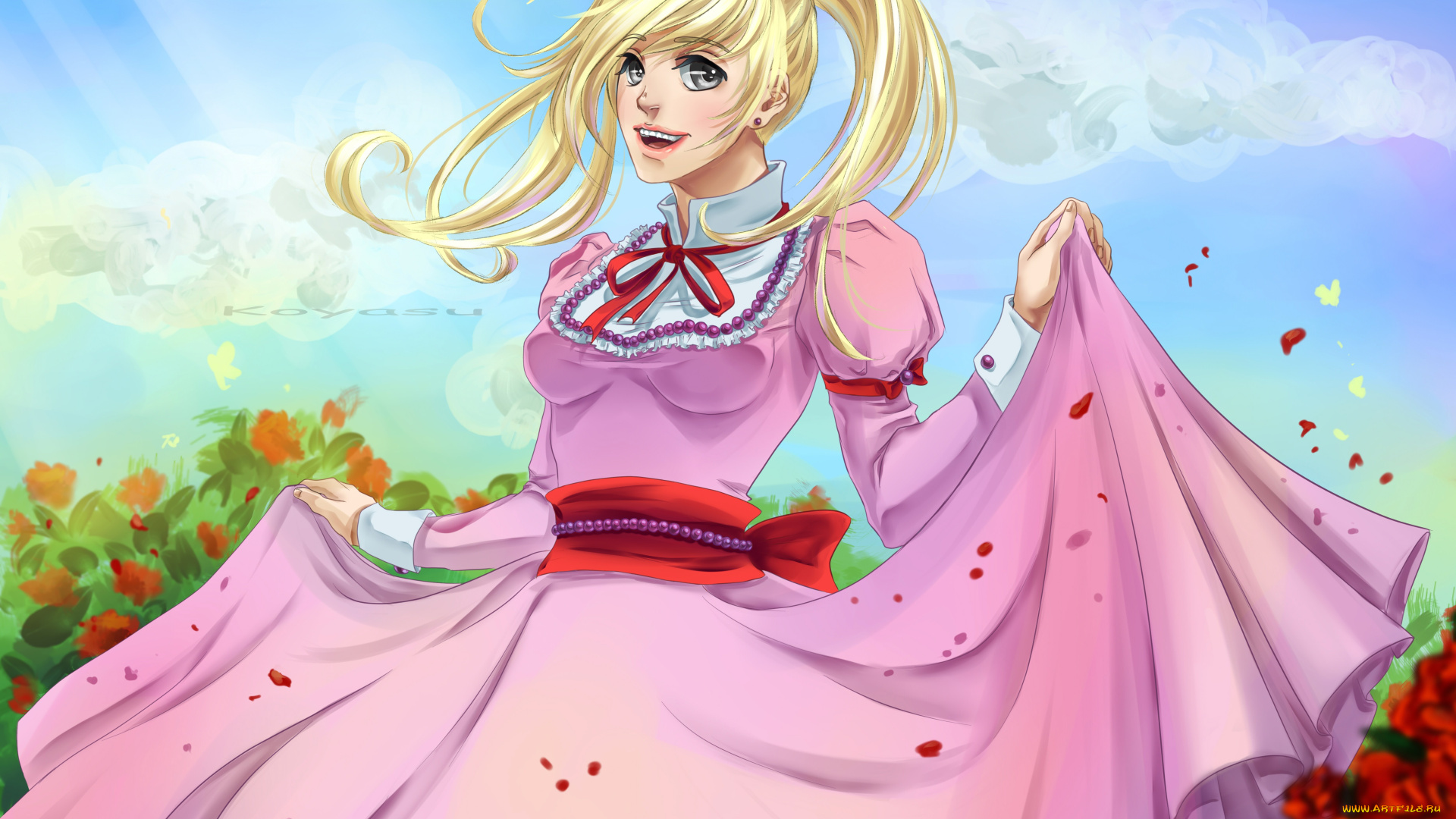 рисованное, -, , , аниме, блондинка, розовое, платье, девушка