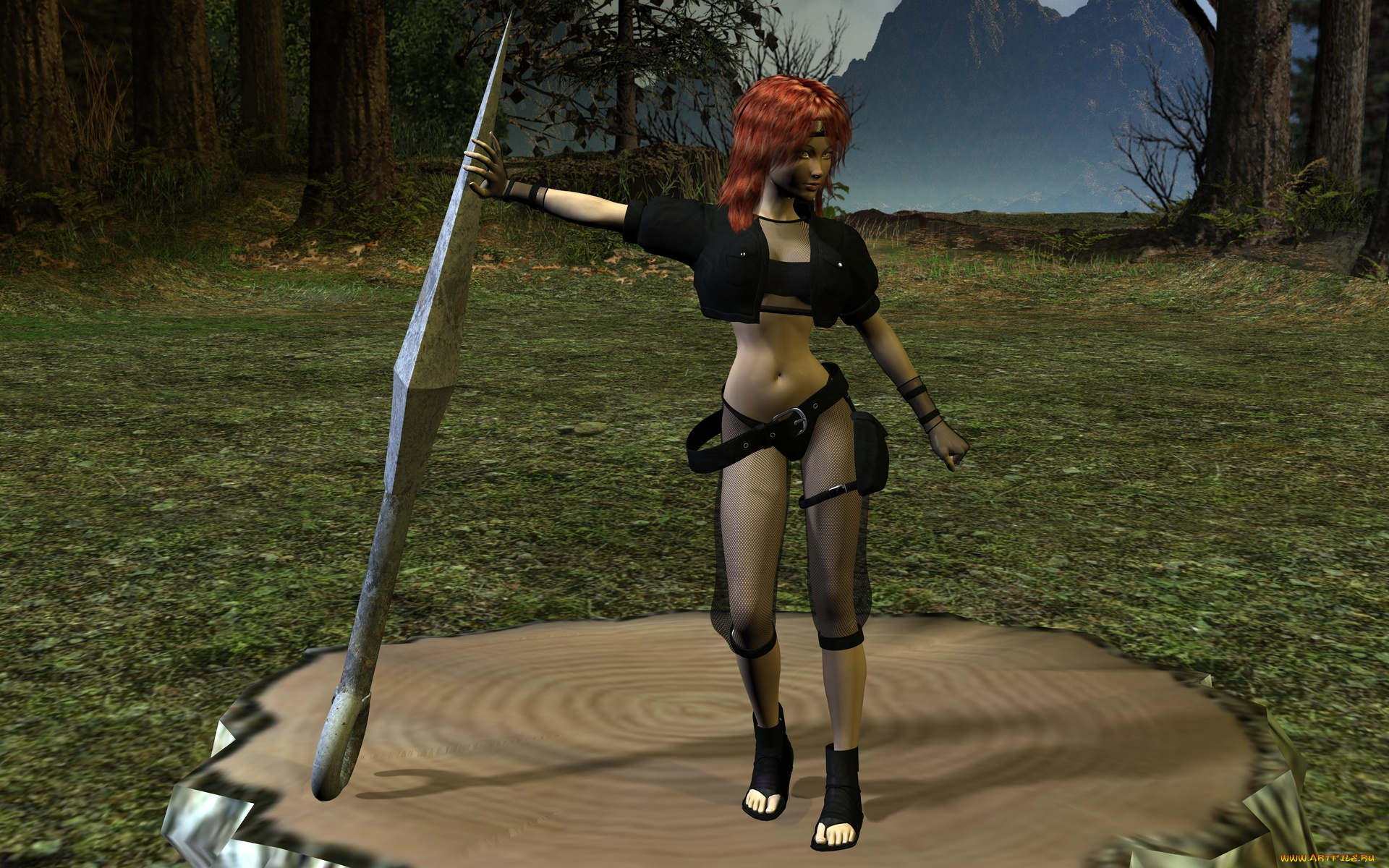 3д, графика, фантазия, , fantasy, девушка, пень, рыжая, фон, взгляд