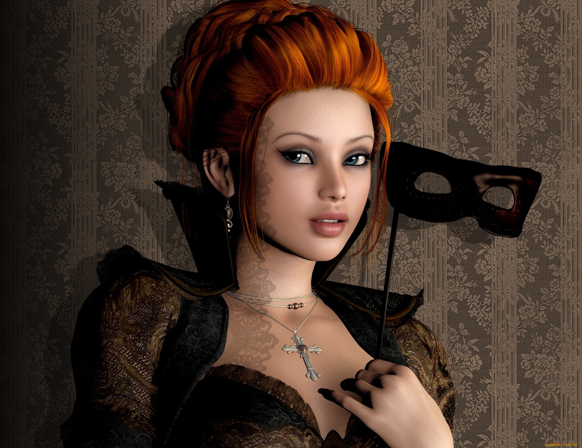 3д, графика, портрет, , portraits, рыжая, фон, взгляд, девушка