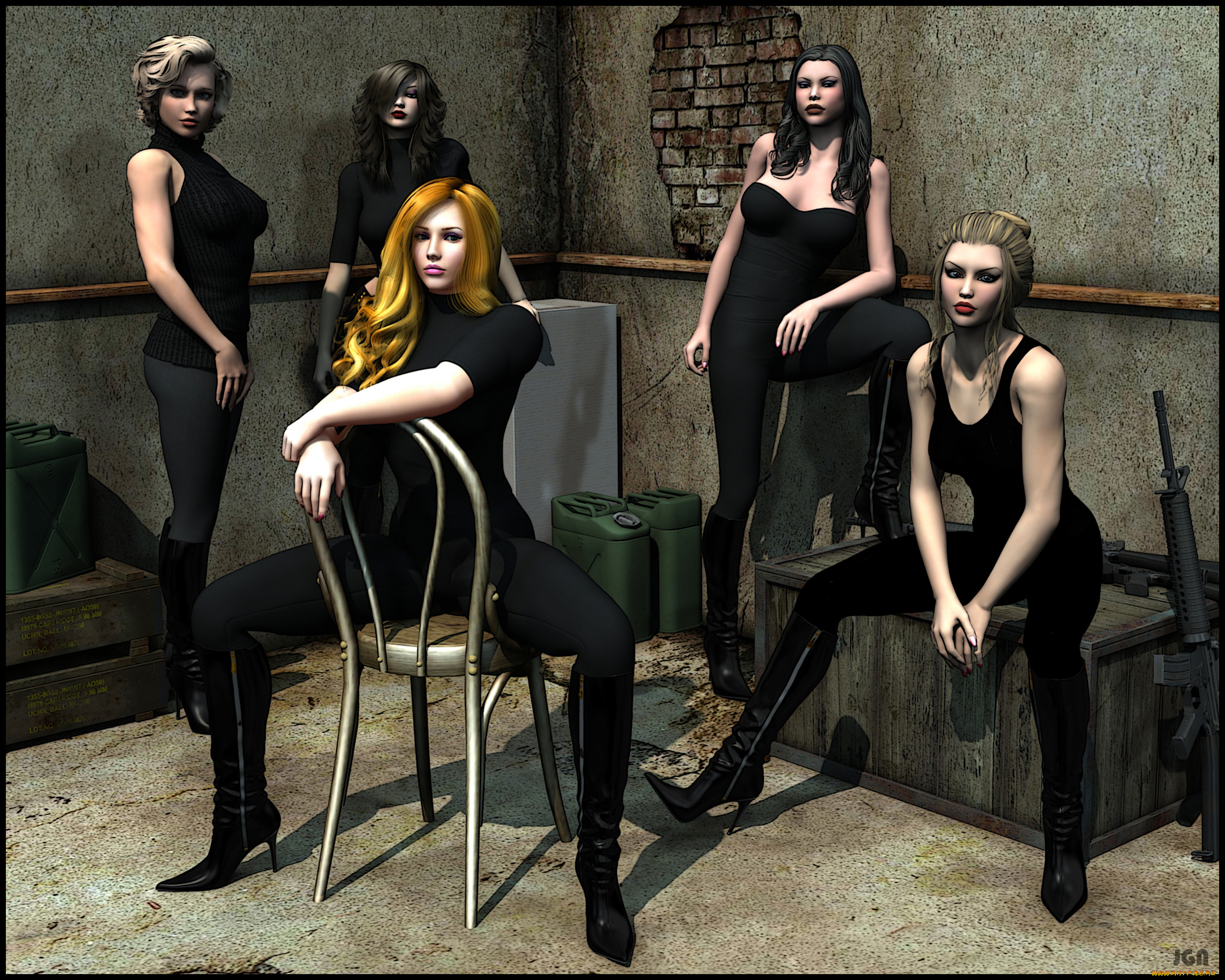 3д, графика, люди, , people, девушки, фон, оружие, стул, взгляд