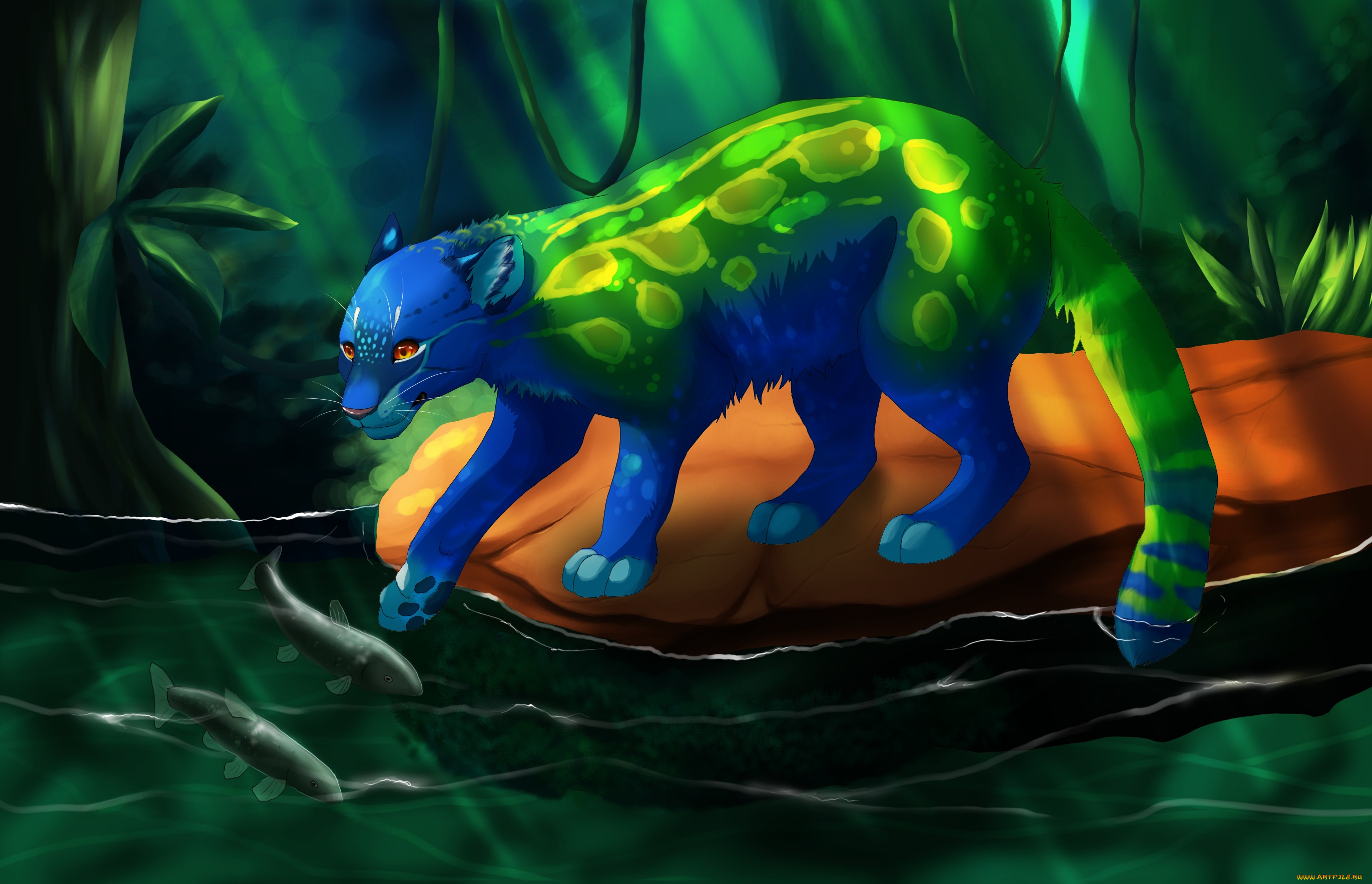 рисованное, животные, , сказочные, , мифические, вода, камень, леопард