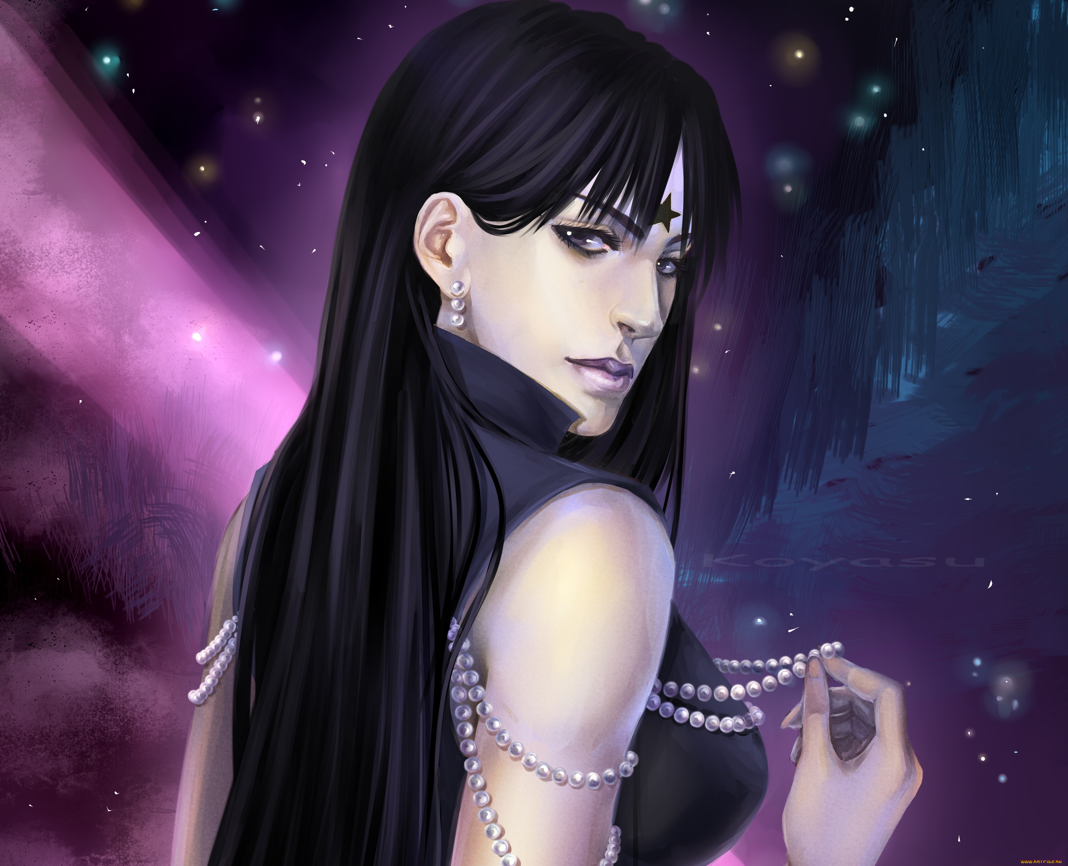 фэнтези, девушки, девушка, взгляд, koyasuko, арт, брюнетка, огоньки, бусы