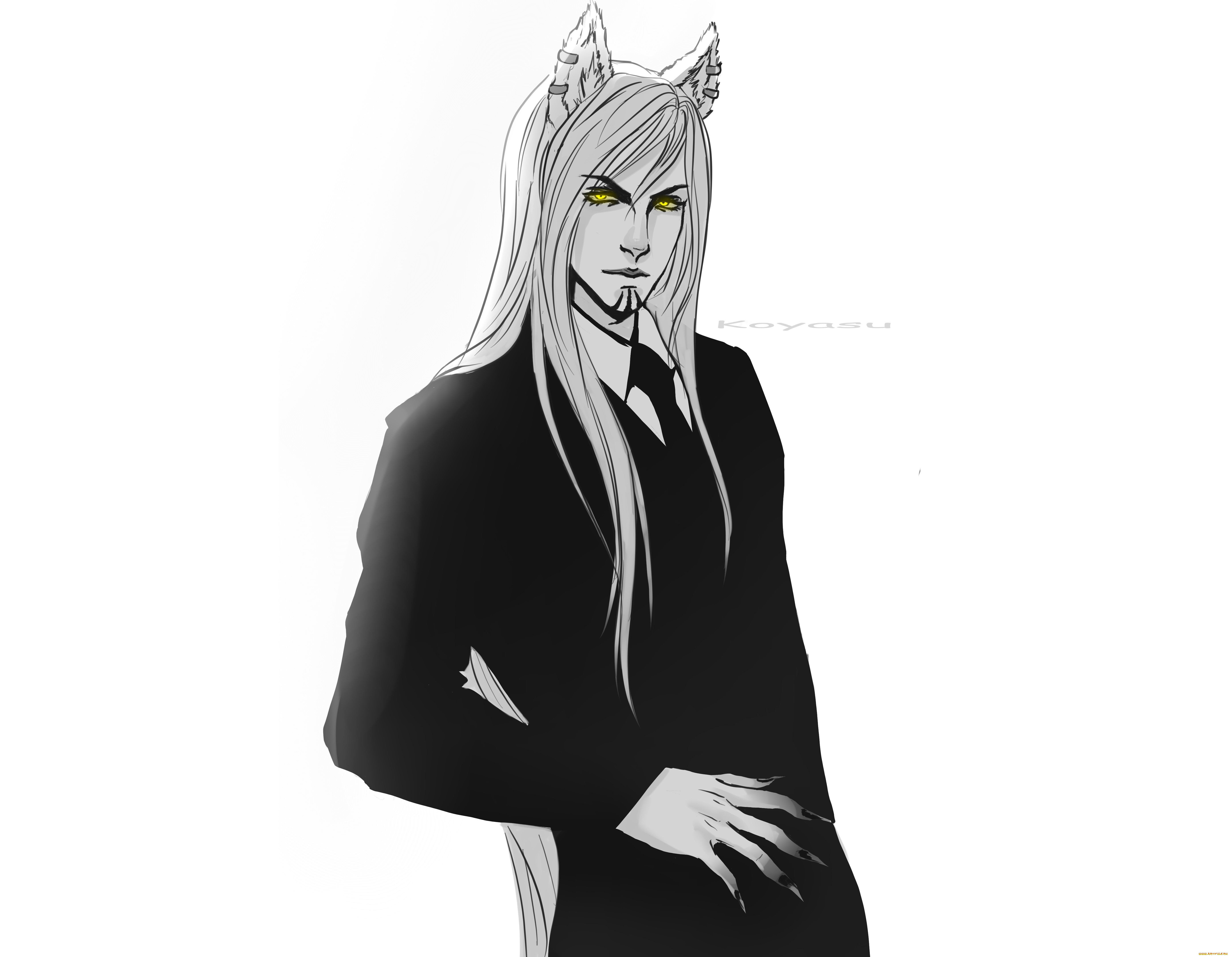 фэнтези, существа, неко, мужчина, арт, чёрно-белое, белый, фон