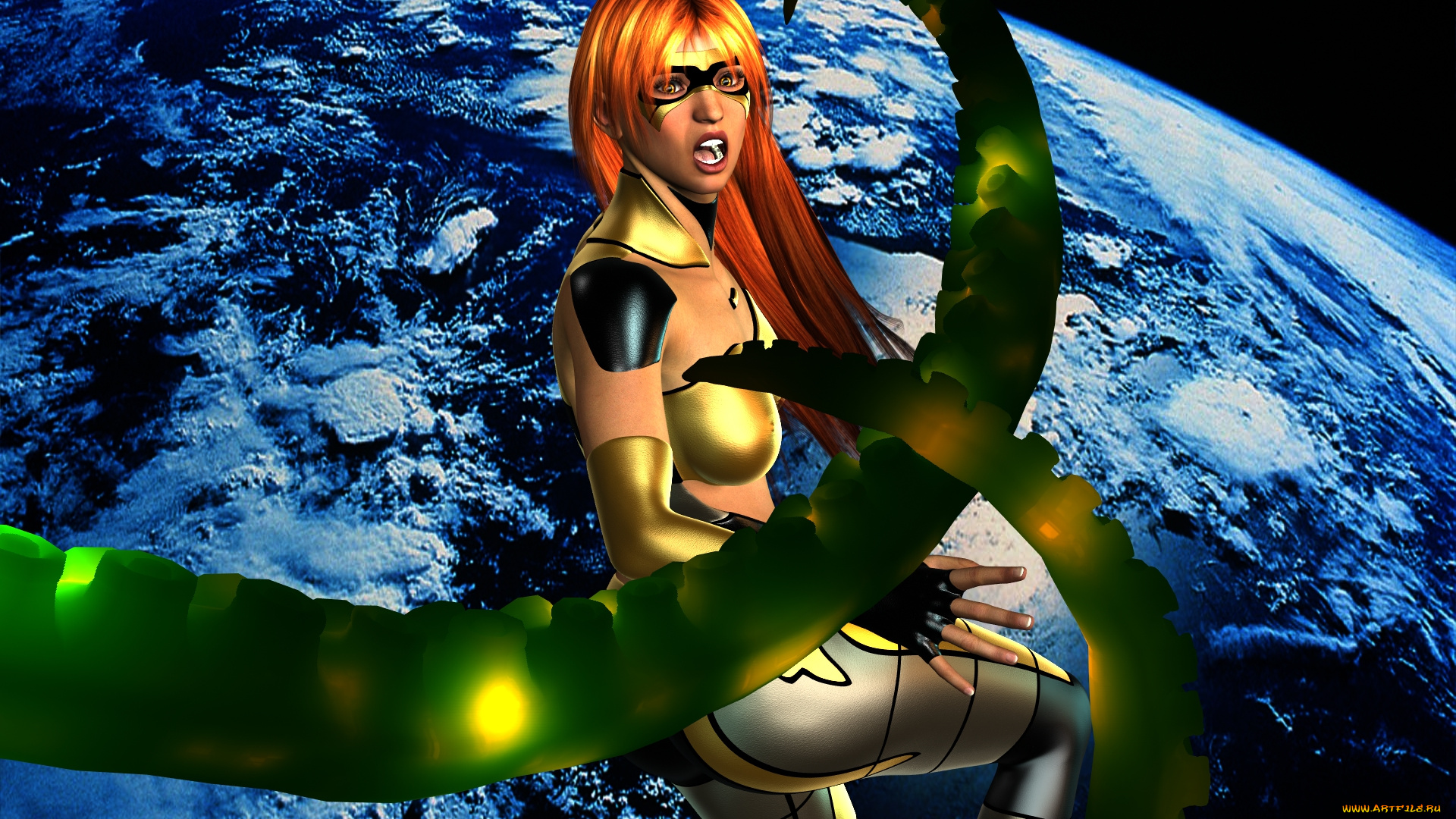 3д, графика, фантазия, , fantasy, девушка, взгляд, фон, космос, планета