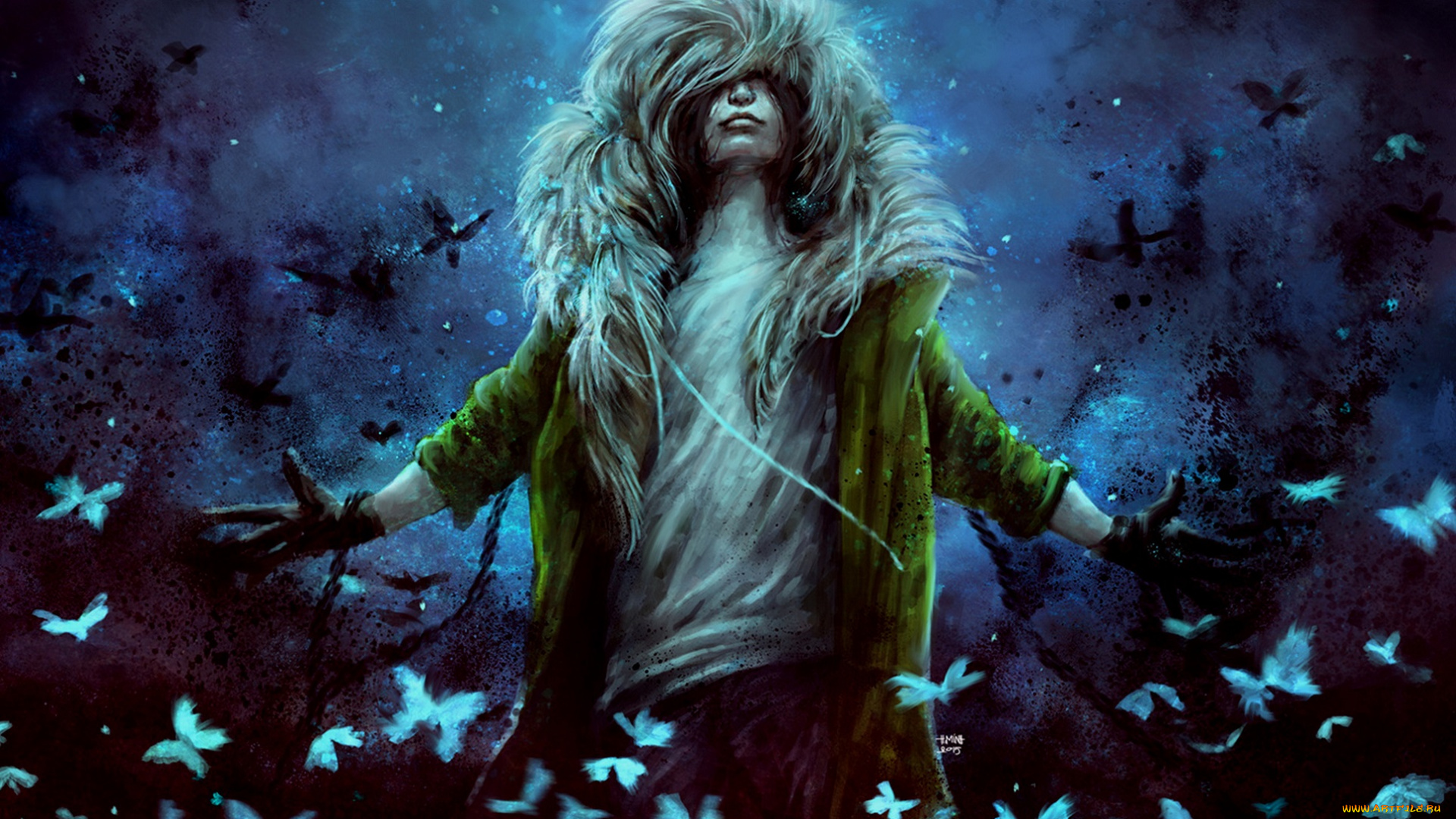 фэнтези, люди, арт, мех, парень, капюшон