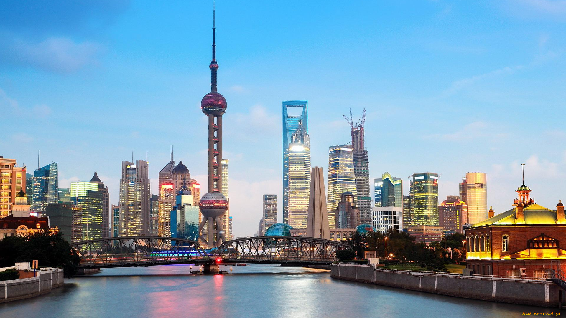 города, шанхай, , китай, дома, город, мост, шанхай, башня, здания, огни, река