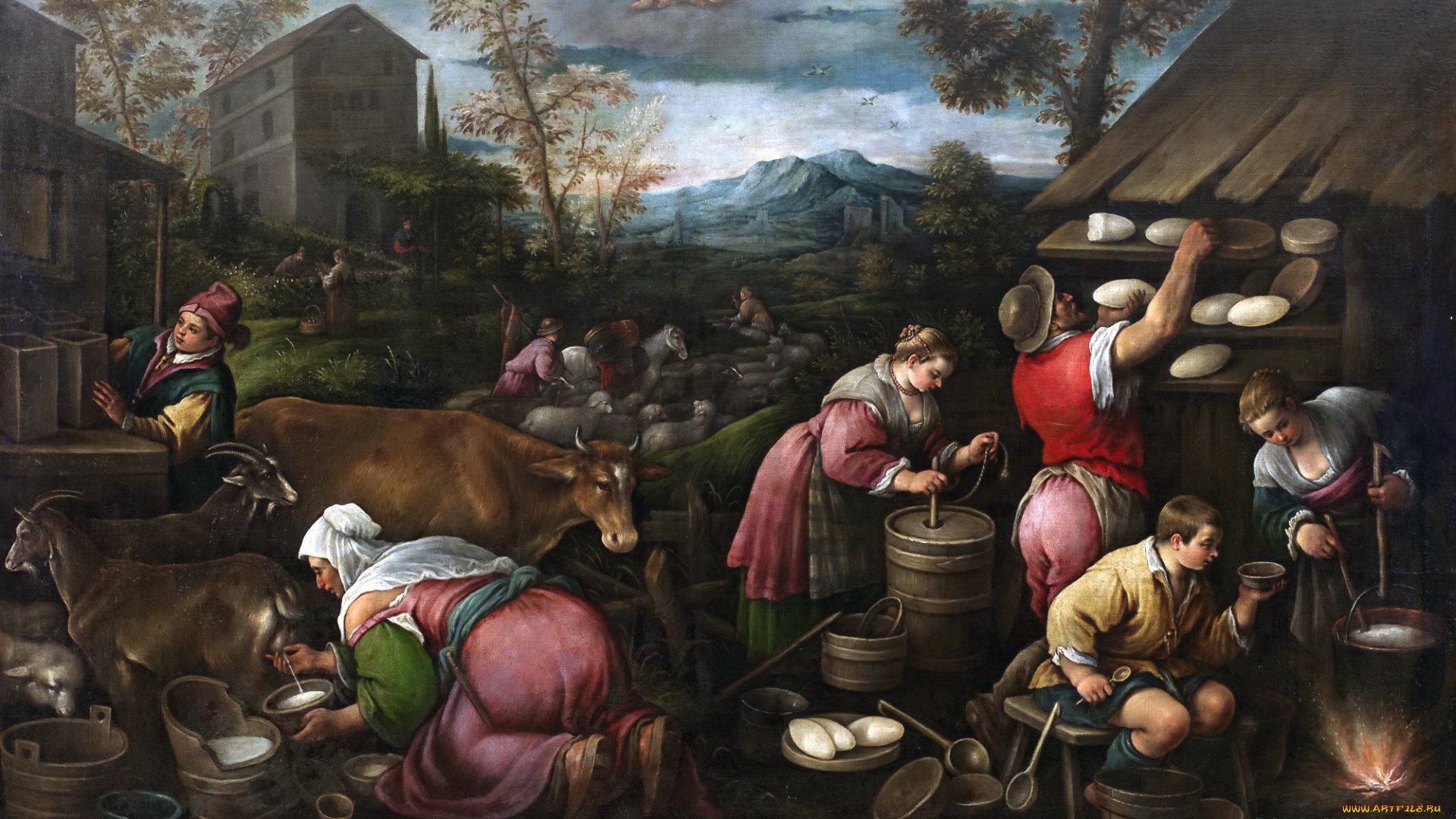 рисованное, живопись, животные, горы, апрель, быт, люди, картина, жанровая