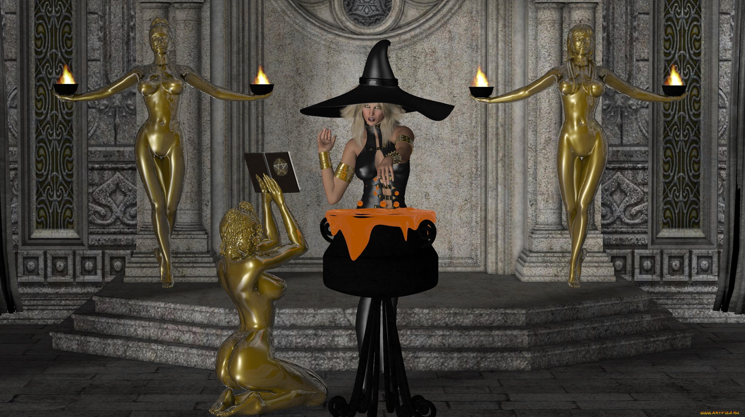 3д, графика, фантазия, , fantasy, факелы, фон, взгляд, девушка