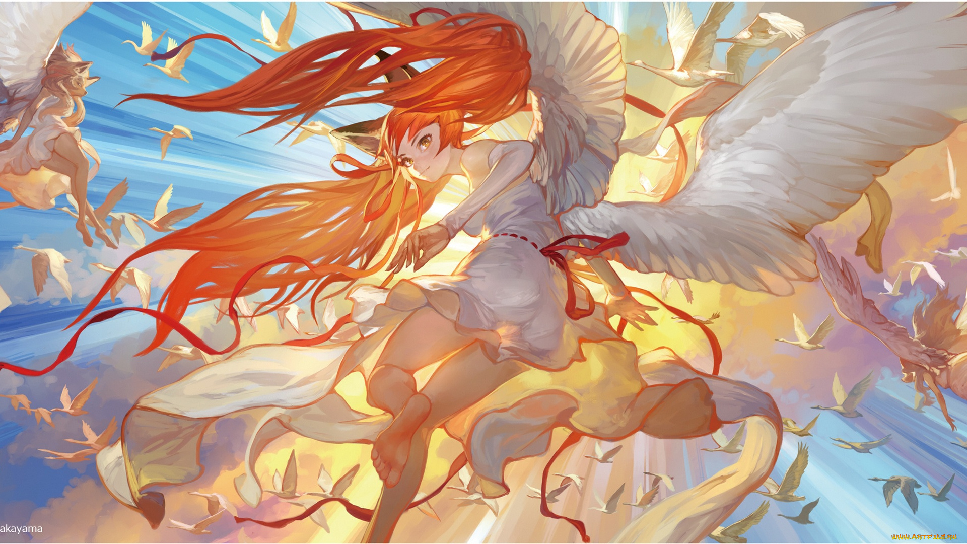 аниме, ангелы, , демоны, takayama, toshiaki, девушки, ушки, птицы, арт, крылья, перья