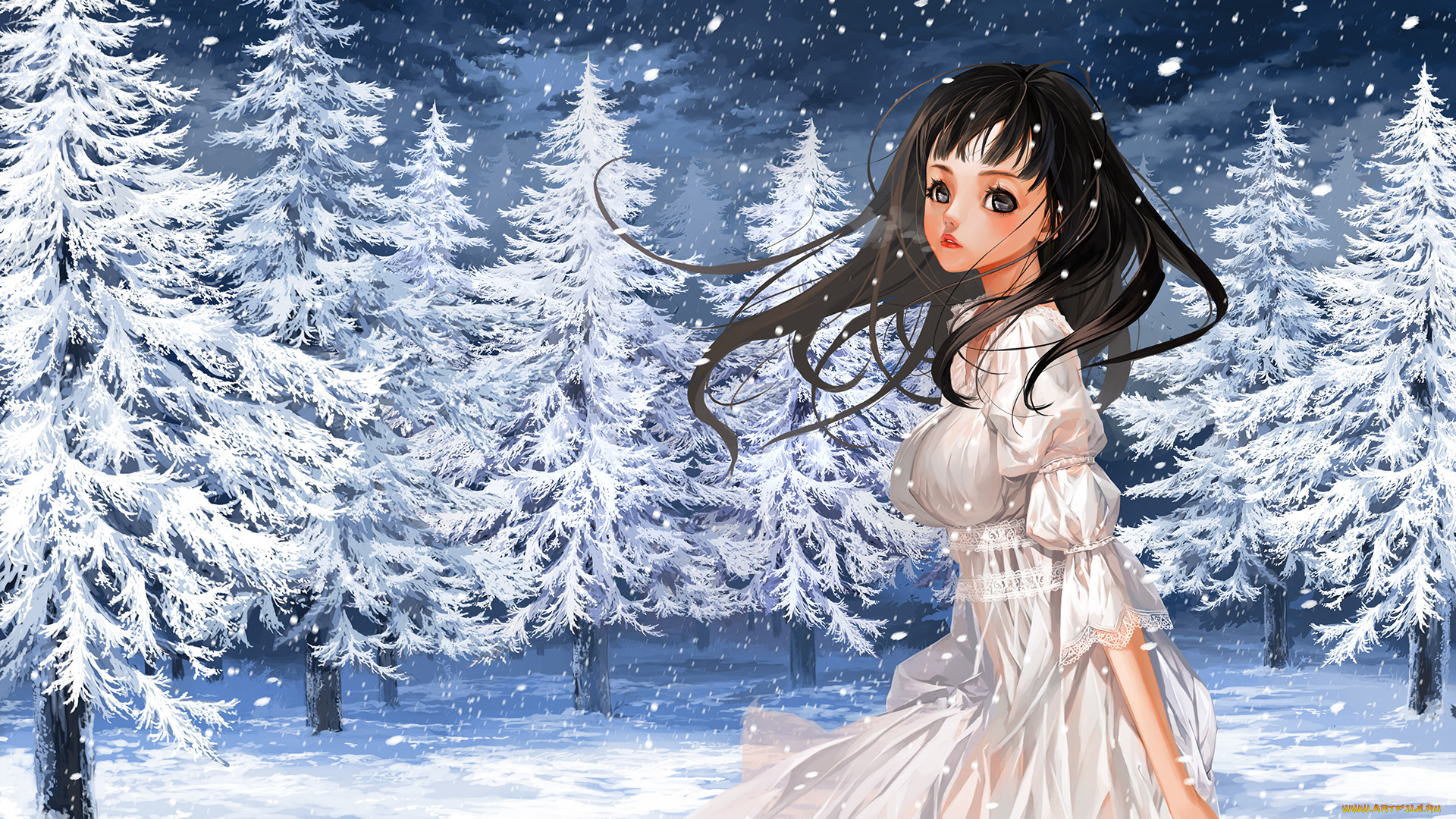 аниме, зима, , новый, год, , рождество, взгляд, девушка, фон