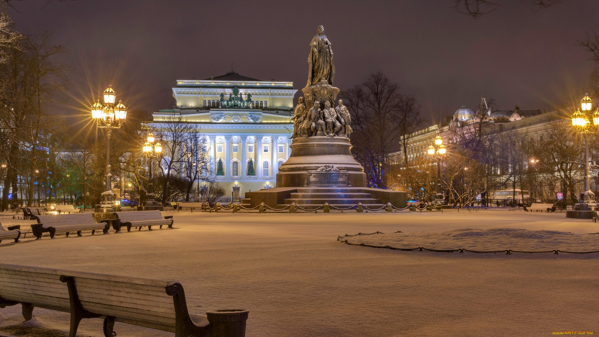 города, санкт-петербург, , петергоф, , россия, снег, зима, огни, ночь, дворец, площадь, отровского, дома, деревья, фонари, памятник, скамейки