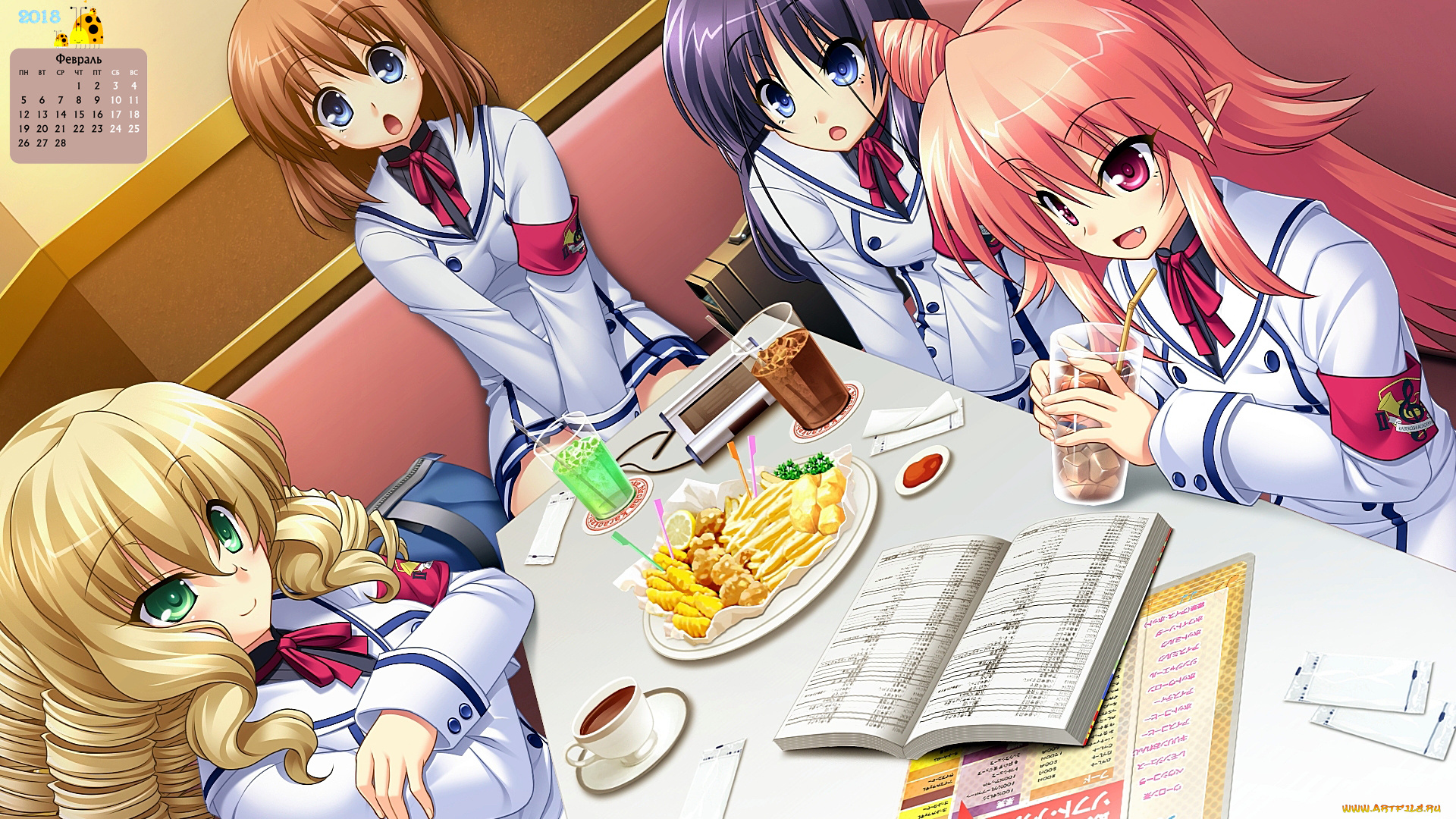 календари, аниме, книга, еда, стакан, взгляд, девушка, 2018