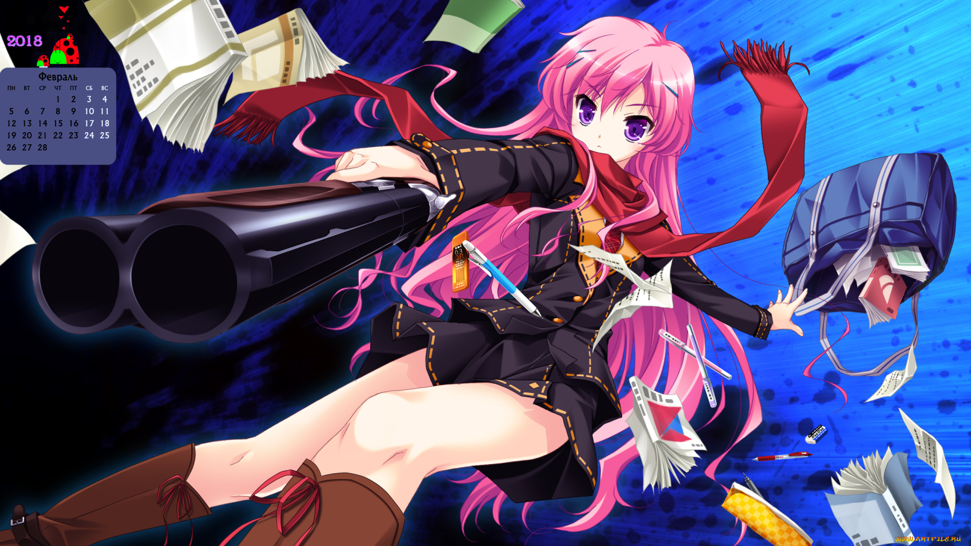 календари, аниме, пистолет, взгляд, сумка, девушка, 2018