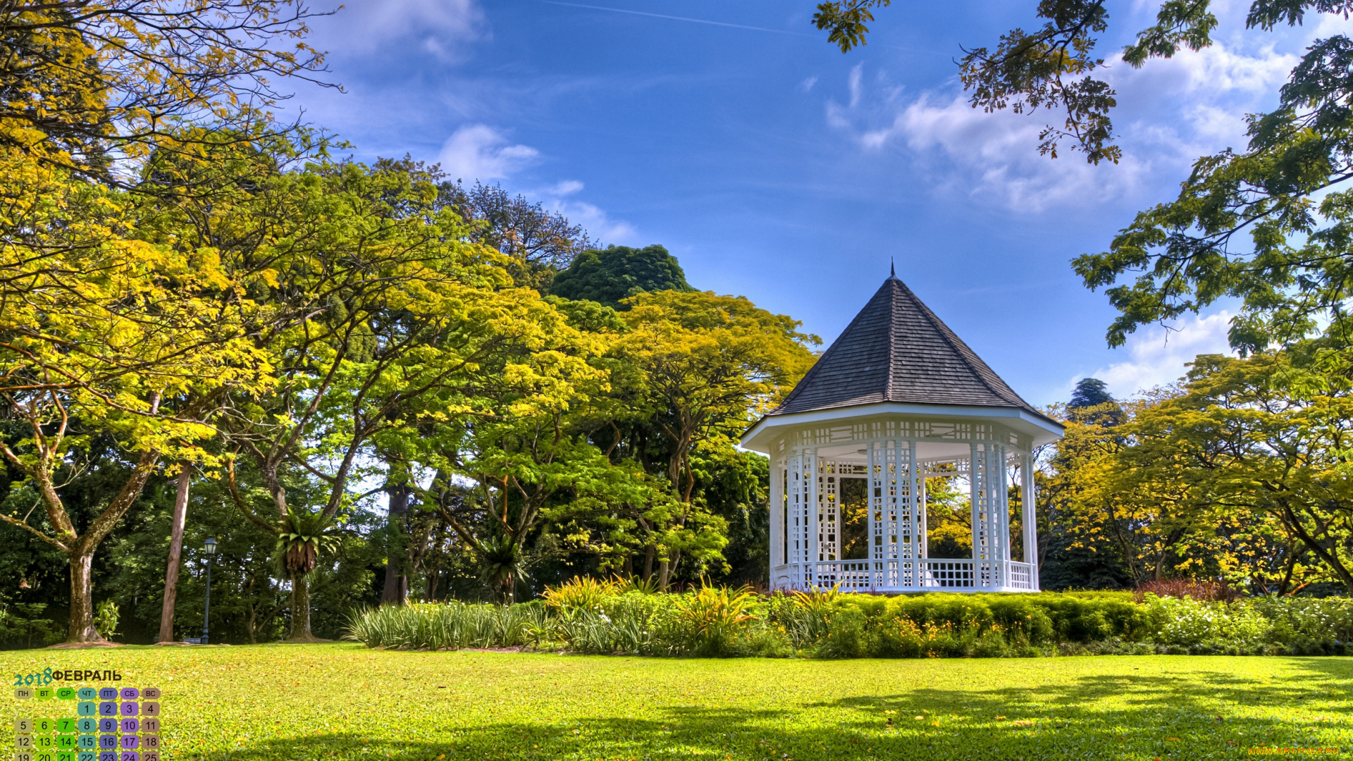 календари, города, 2018, растения, беседка, деревья