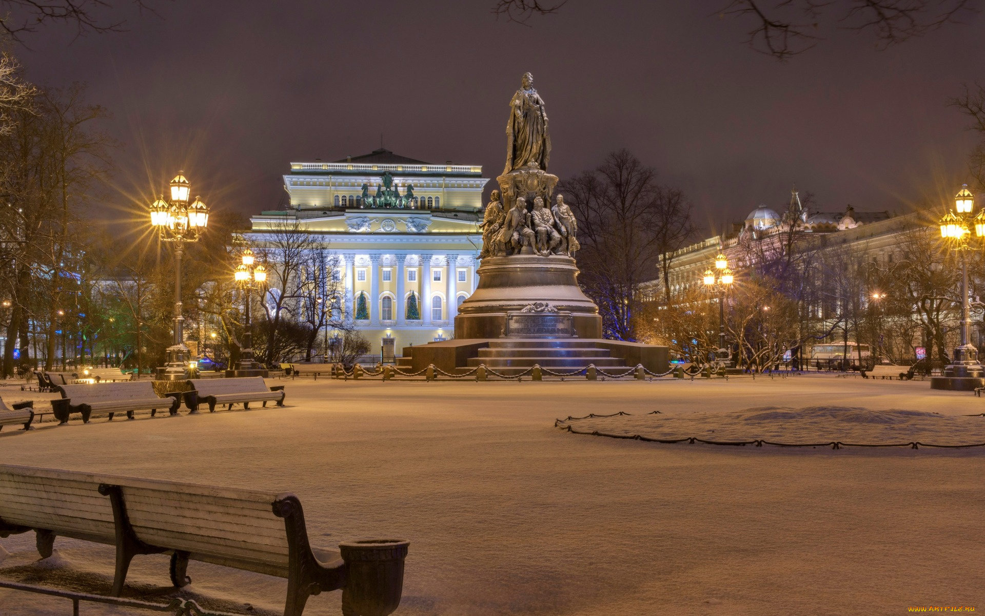 города, санкт-петербург, , петергоф, , россия, снег, зима, огни, ночь, дворец, площадь, отровского, дома, деревья, фонари, памятник, скамейки
