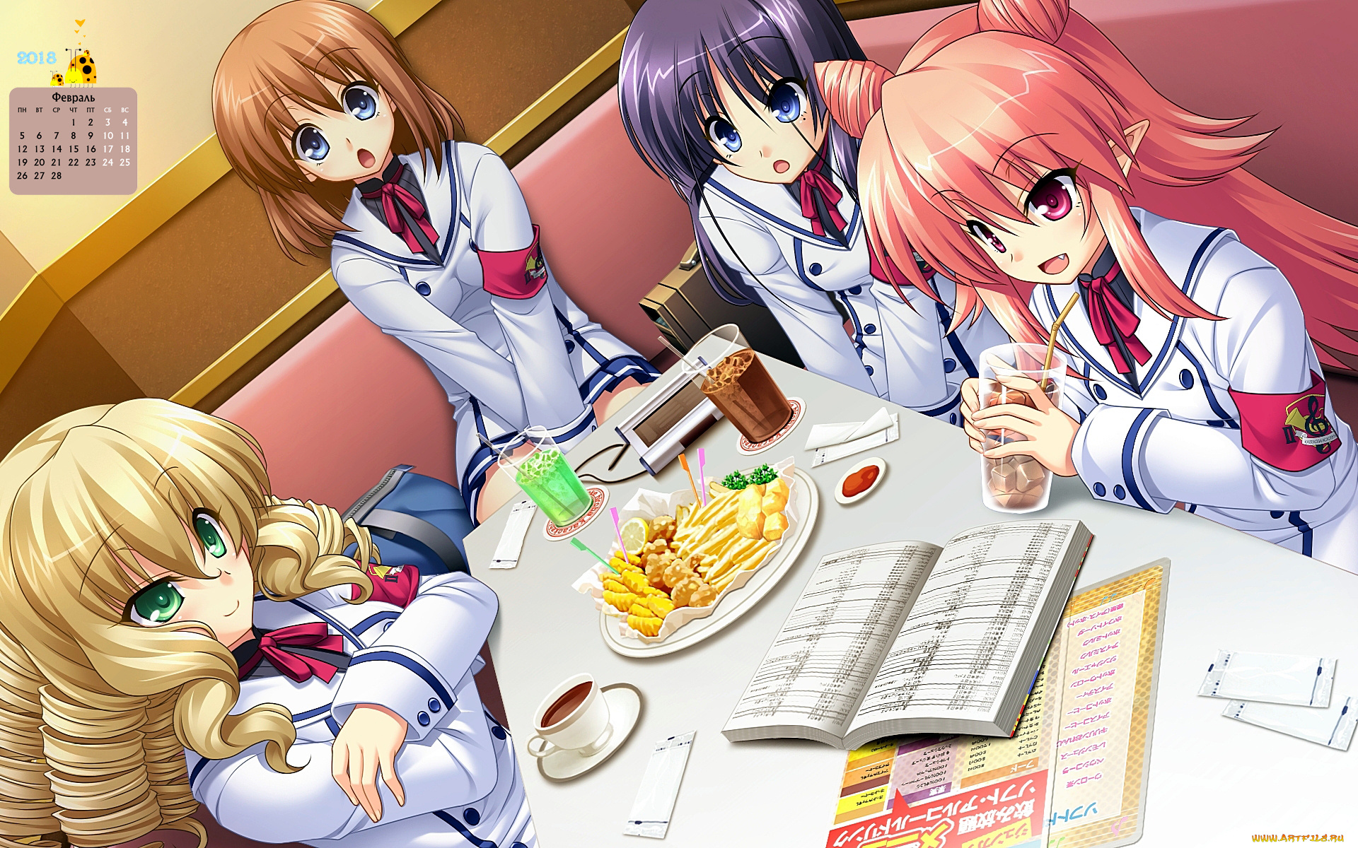 календари, аниме, книга, еда, стакан, взгляд, девушка, 2018