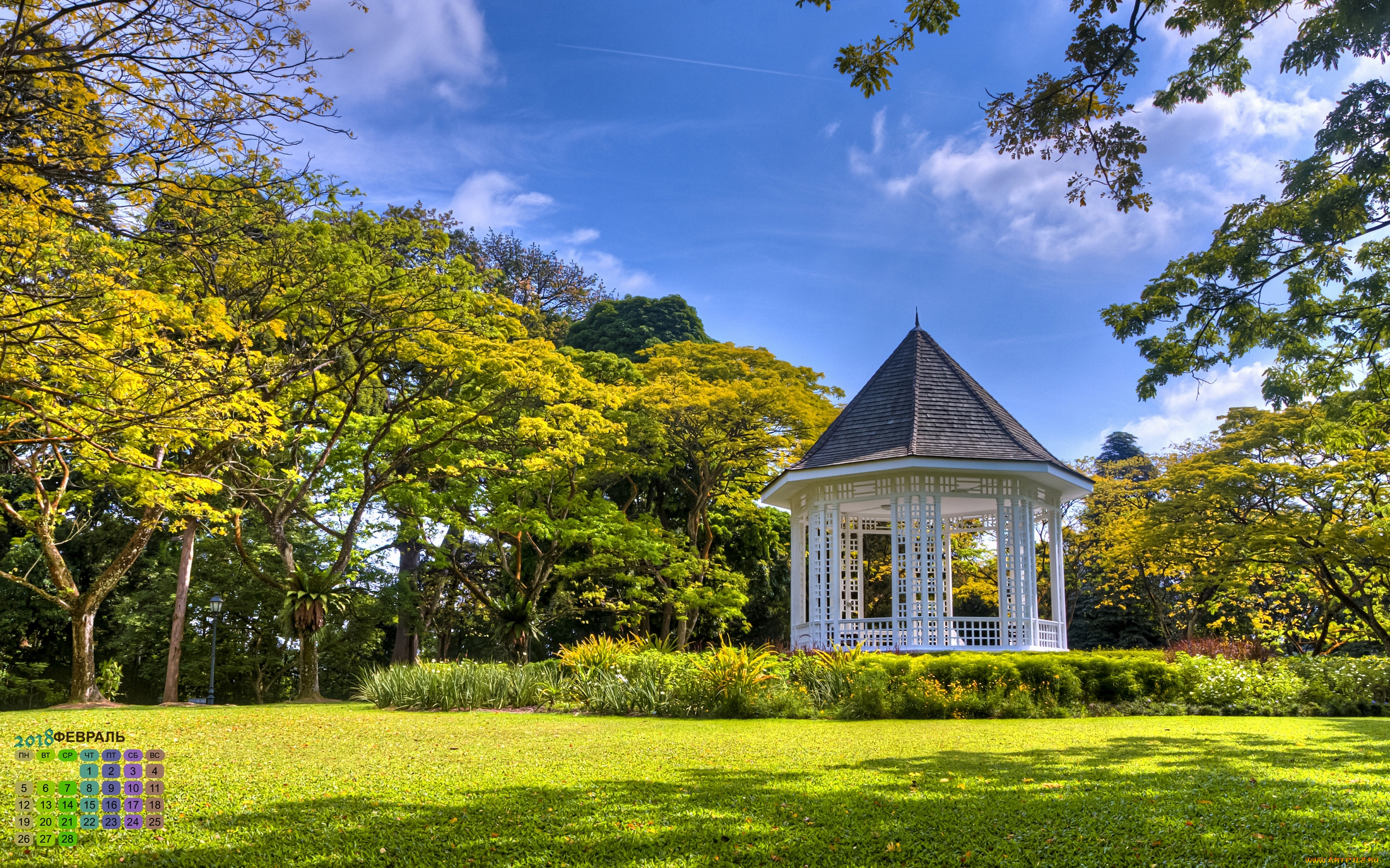 календари, города, 2018, растения, беседка, деревья