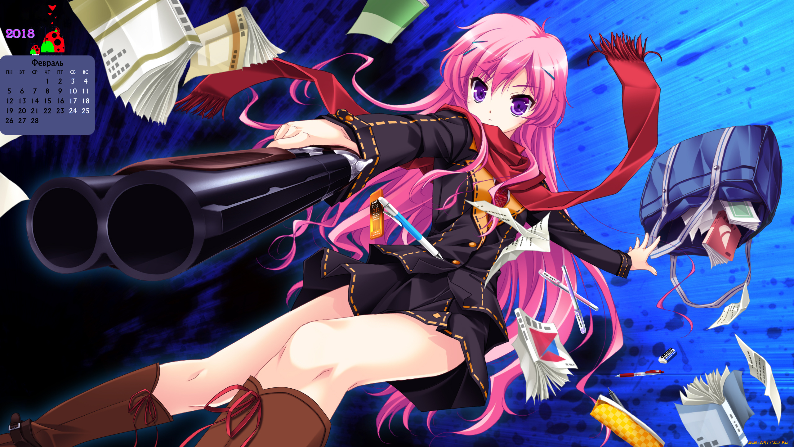 календари, аниме, пистолет, взгляд, сумка, девушка, 2018