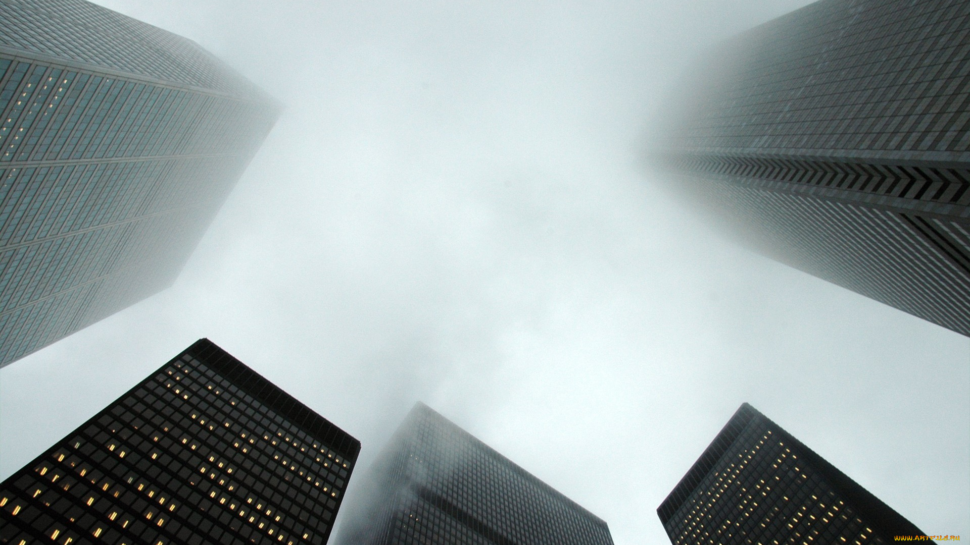 города, -, здания, , дома, ракурс, туман, небоскребы, здания, дома