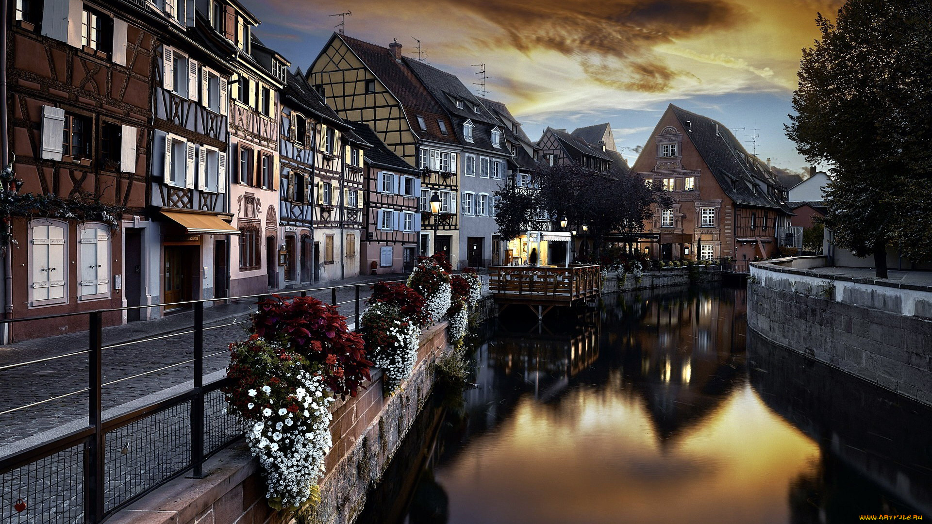 города, кольмар, , франция, вечер, дома, канал