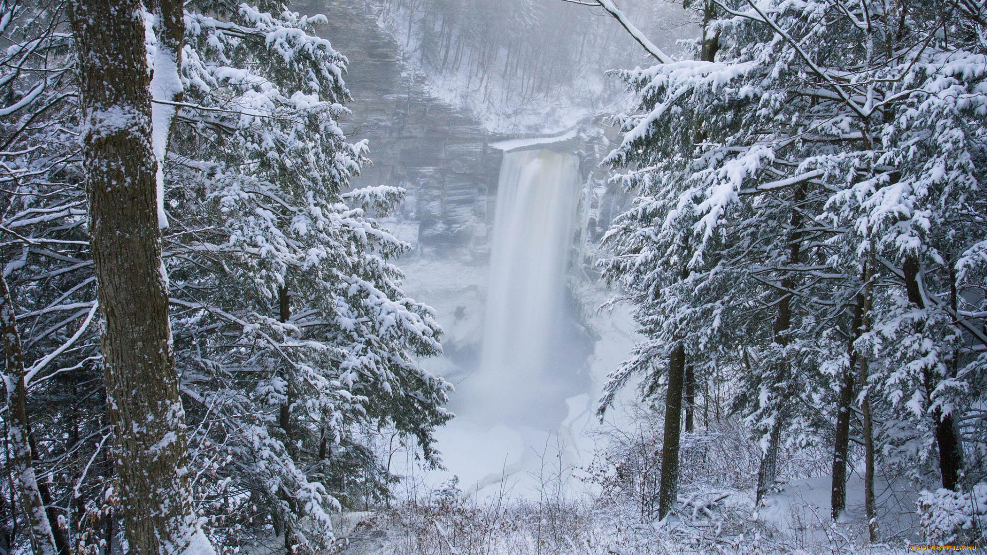 природа, водопады, лес, зима, велосипед