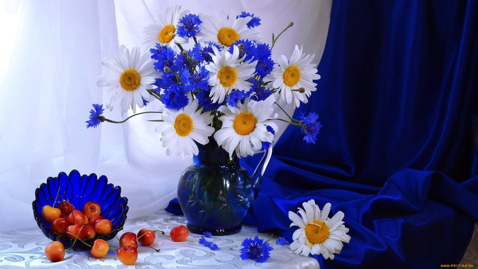 еда, вишня, , черешня, ромашки, черешня, васильки