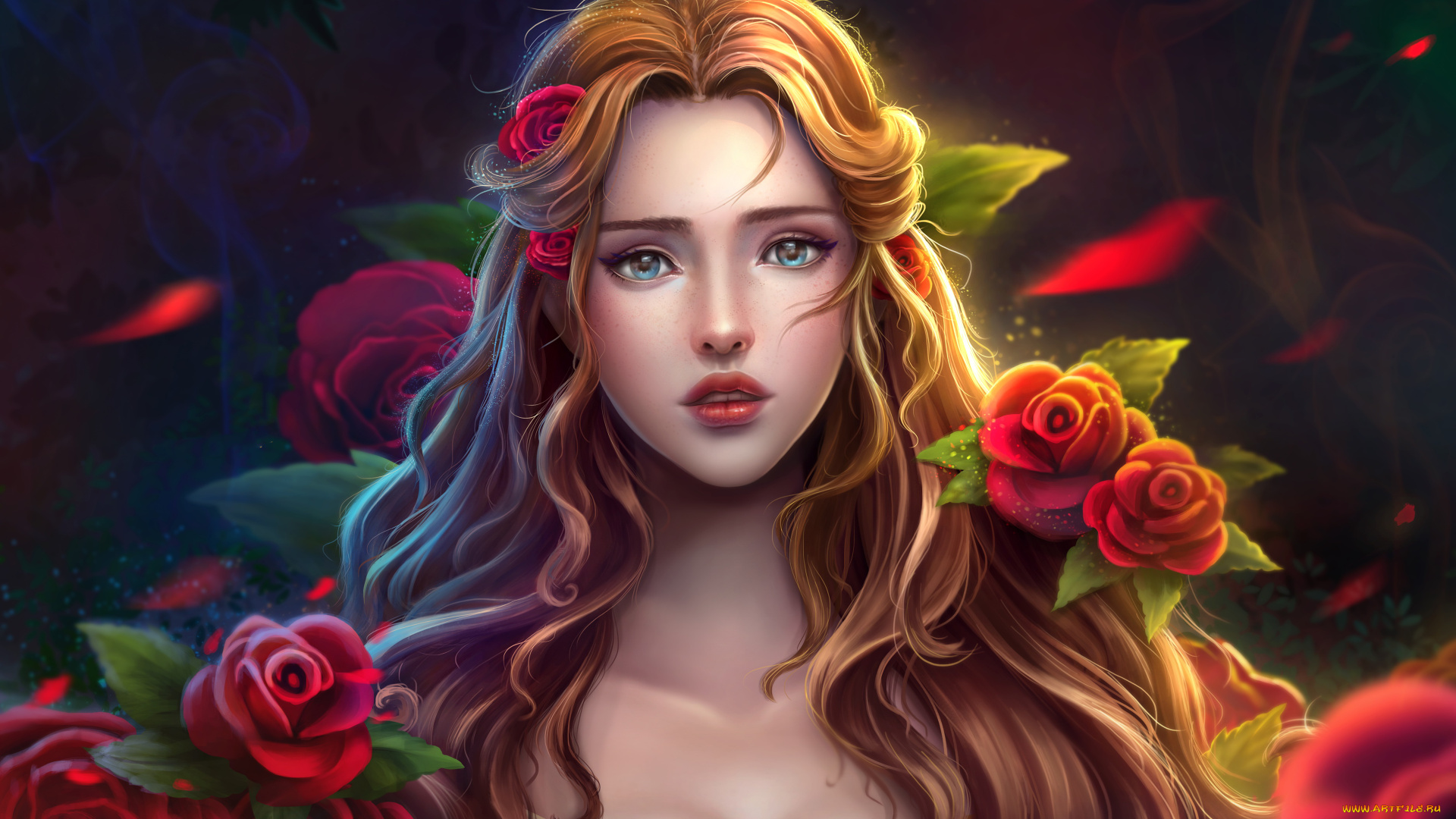 фэнтези, девушки, розы, взгляд, фон, девушка