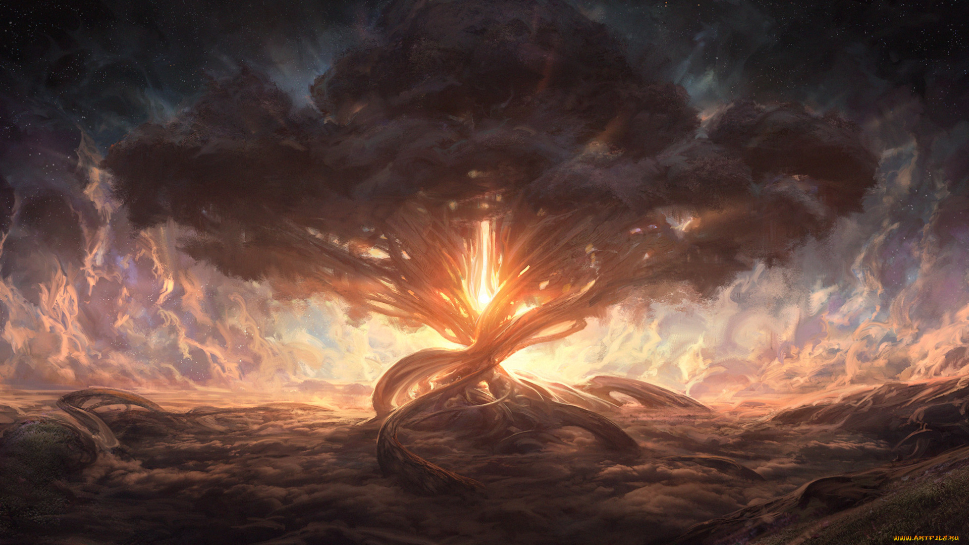 фэнтези, пейзажи, фон, свет, дерево