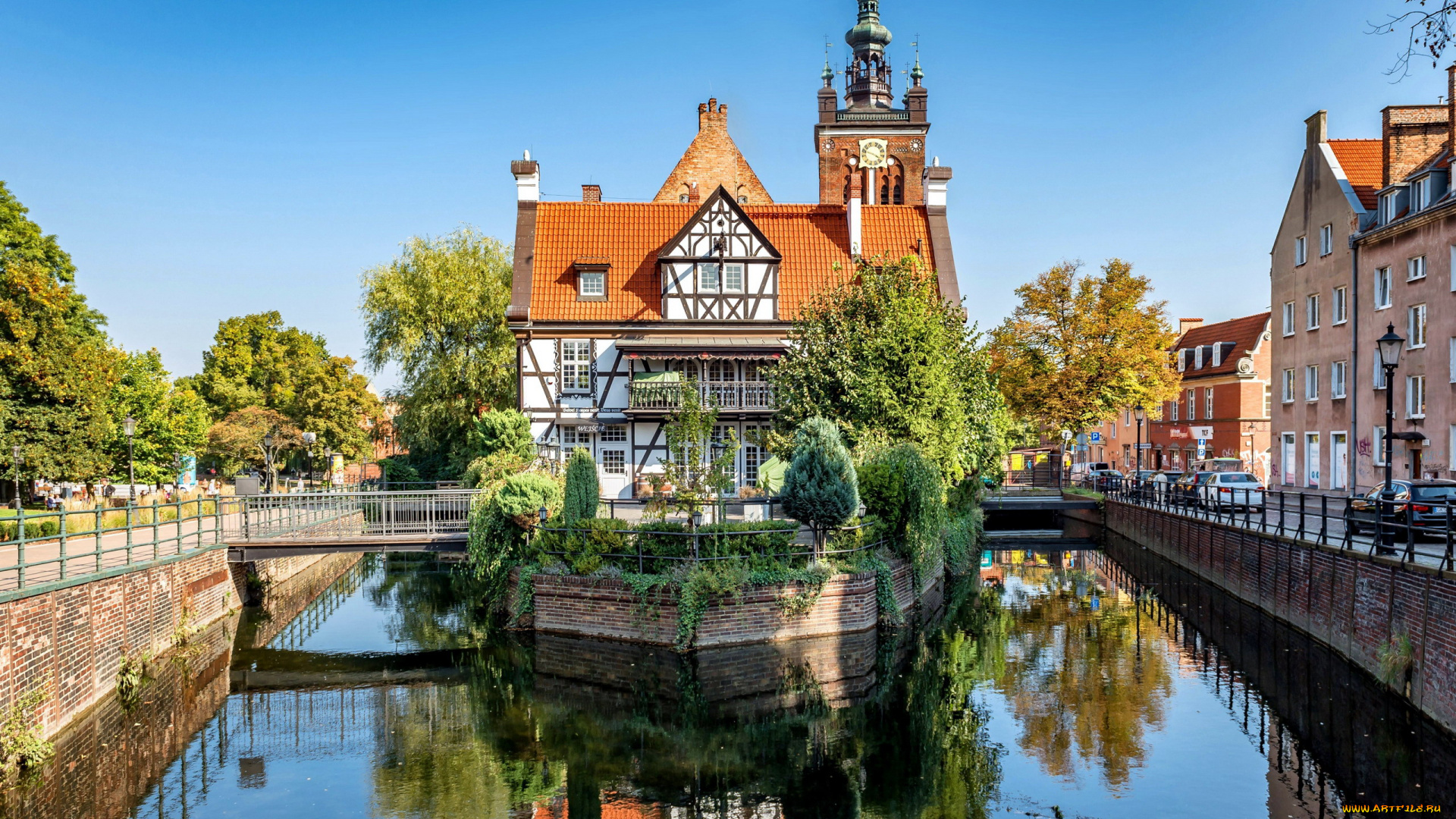 города, гданьск, , польша, канал, мост