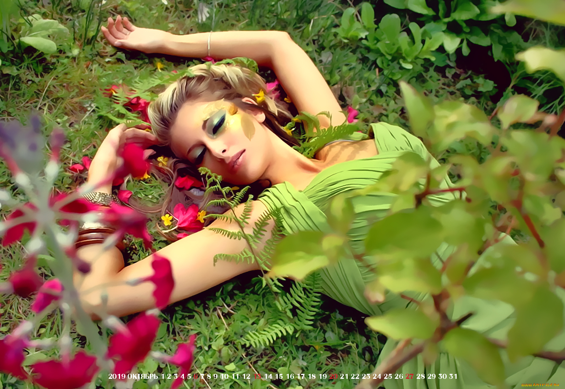 календари, фэнтези, девушка, 2019, природа, макияж, женщина, растение, сон, calendar