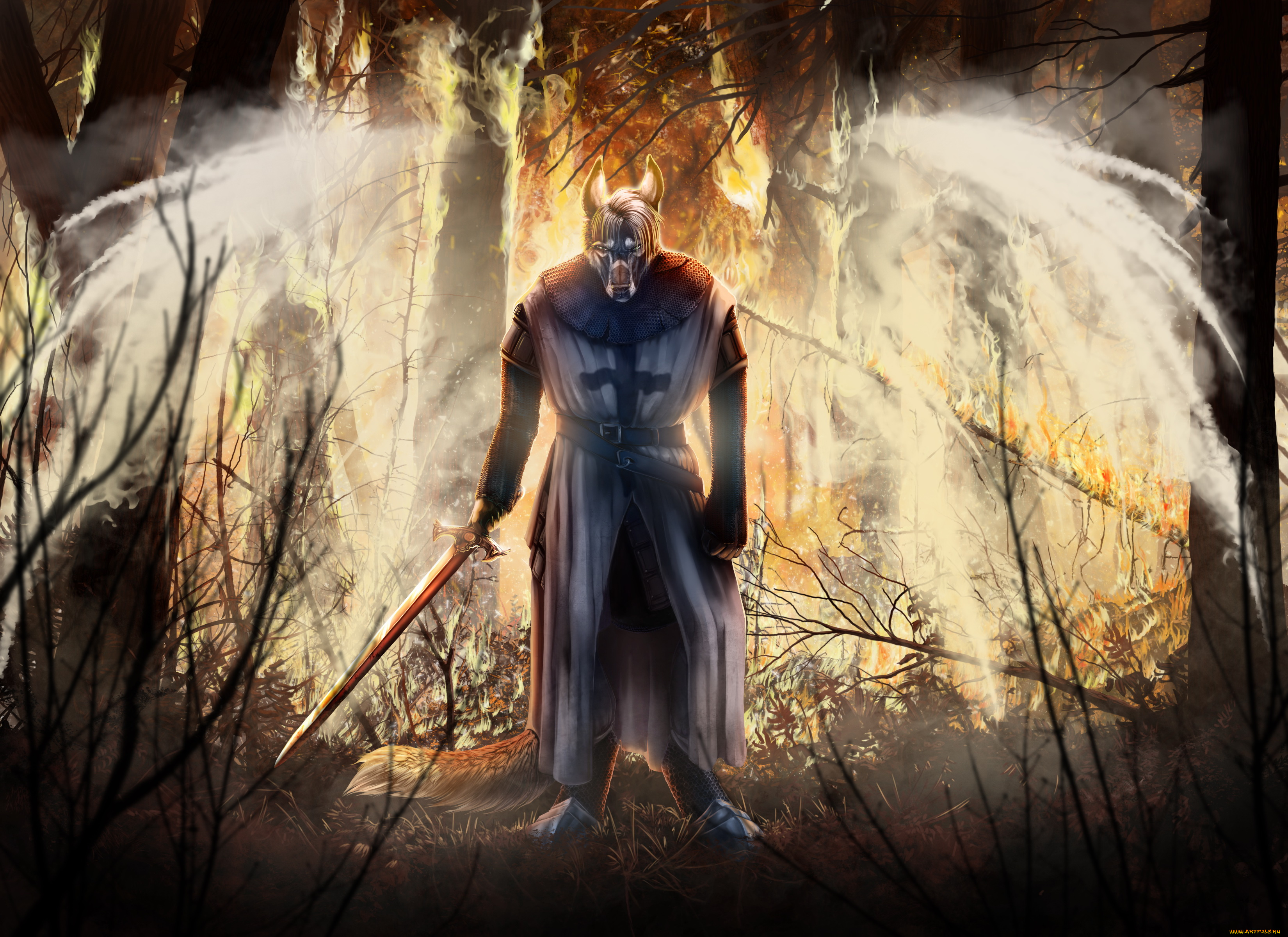 фэнтези, оборотни, меч, униформа, взгляд, фон, существо