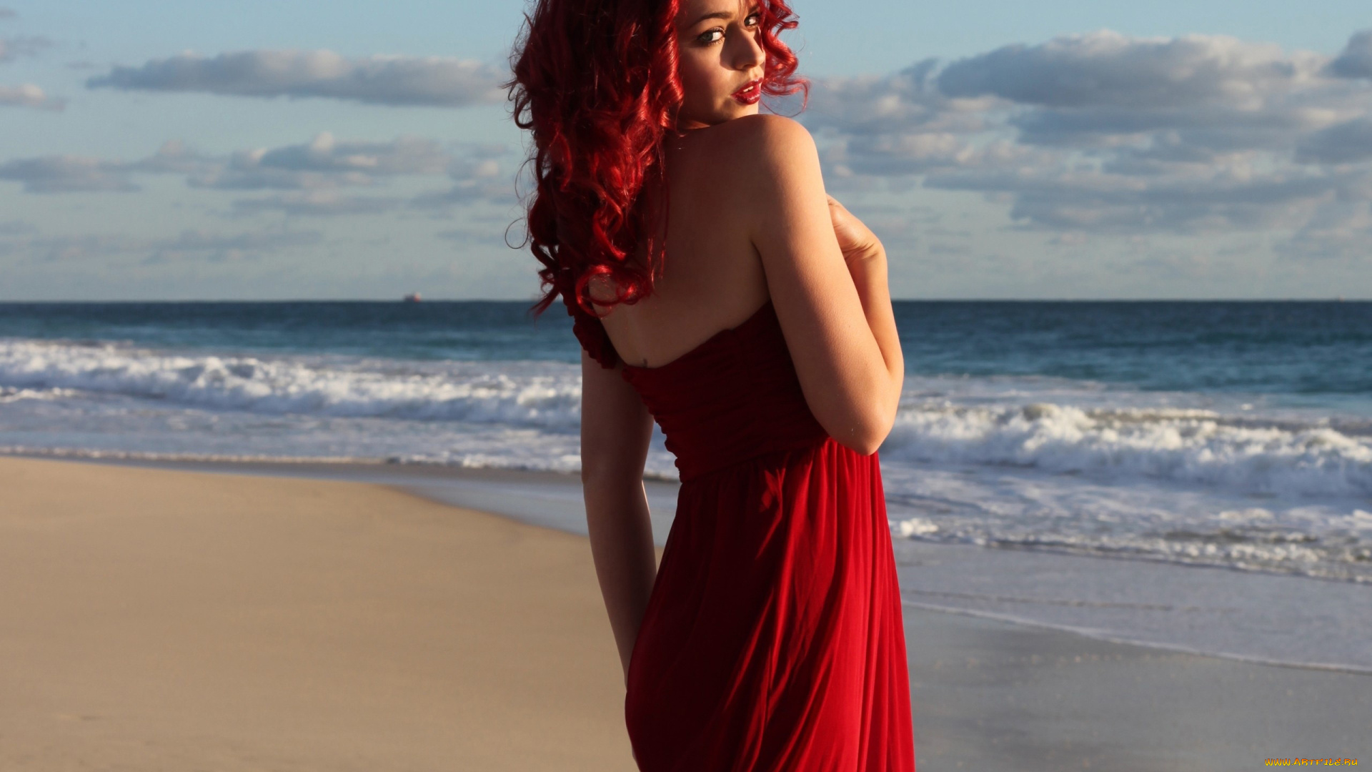 девушки, -, рыжеволосые, и, разноцветные, море, волны, алое, платье