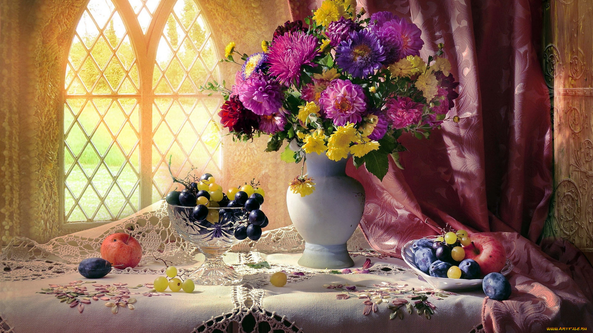 еда, натюрморт, букет, сливы, виноград
