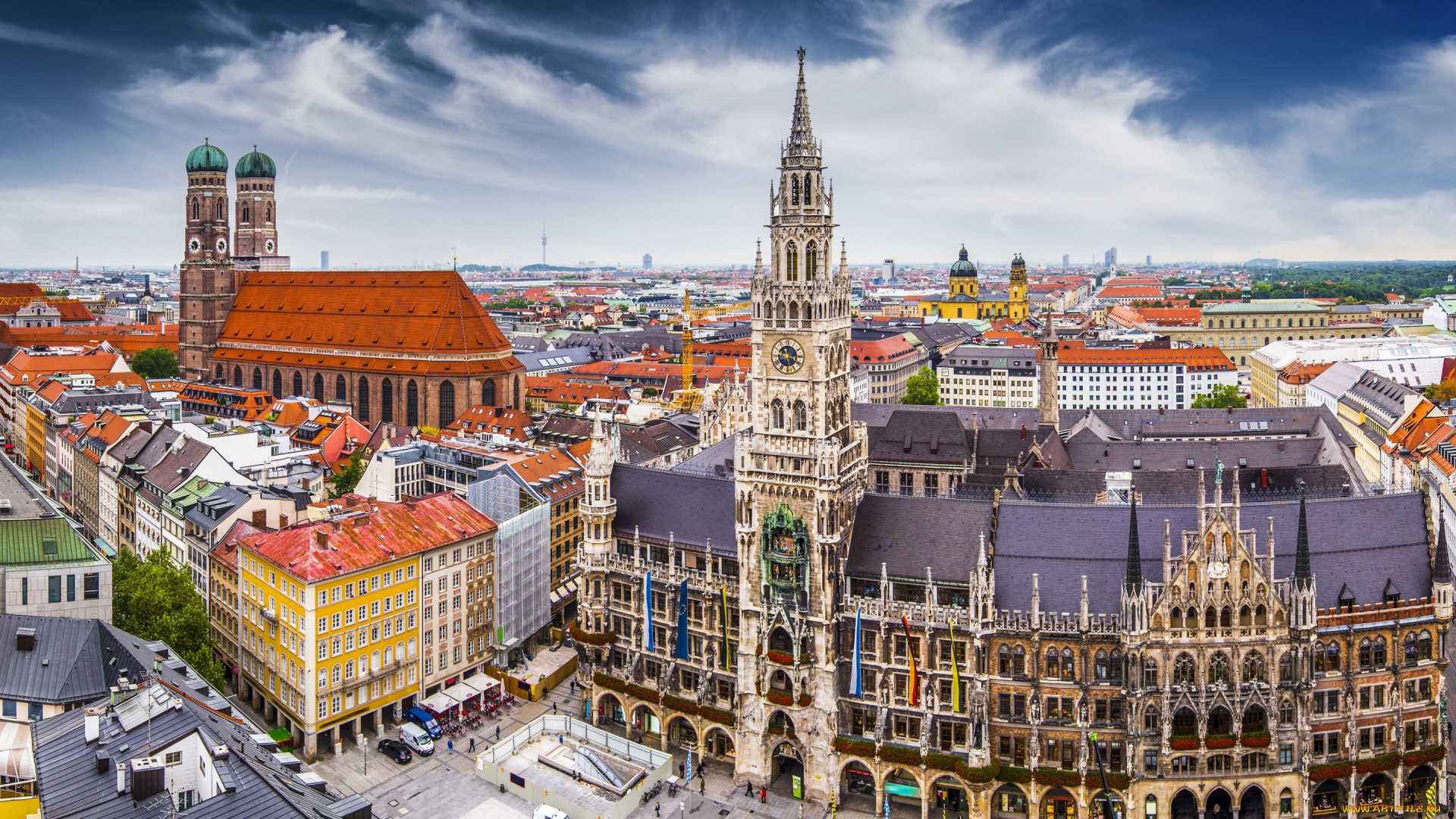 города, мюнхен, , германия, мариенплац, мюнхен, новая, мэрия, neues, rathaus, фрауэнкирхе, площадь, мэрис, вечер, закат, городской, вид, панорама