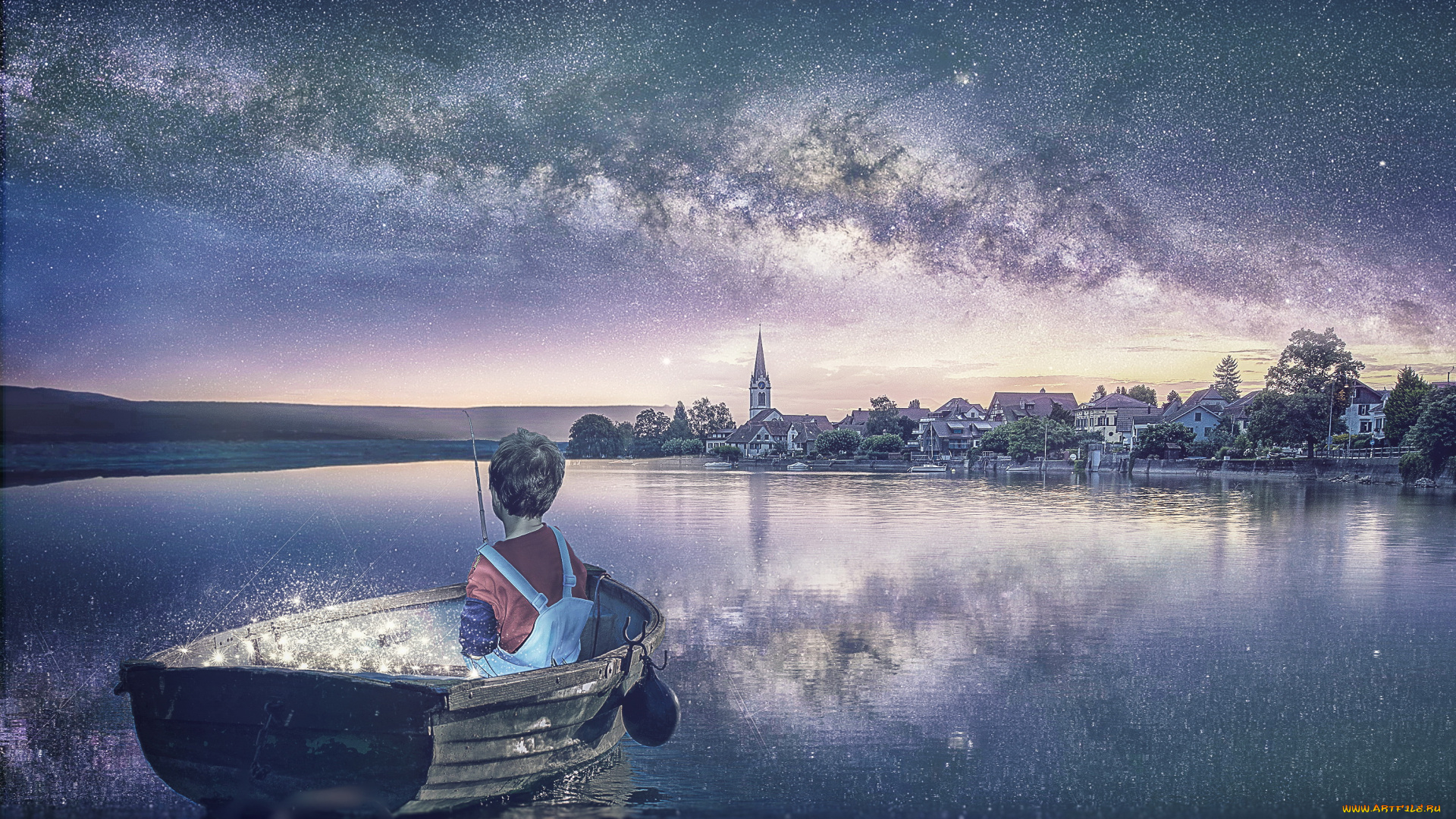 разное, компьютерный, дизайн, ребенок, мальчик, лодка, озеро, город