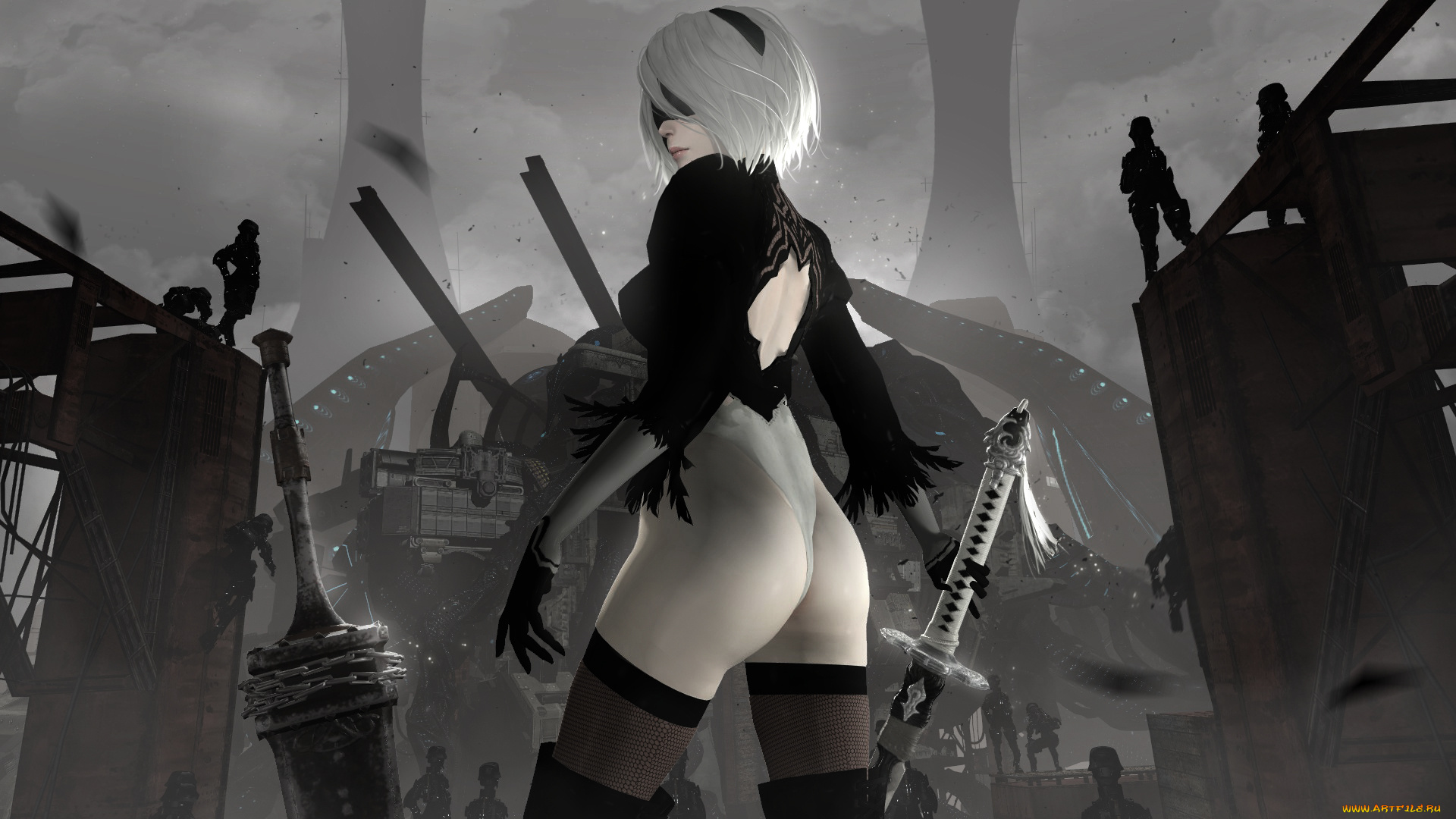 видео, игры, nier, , automata, девушка, фон, катана, маска