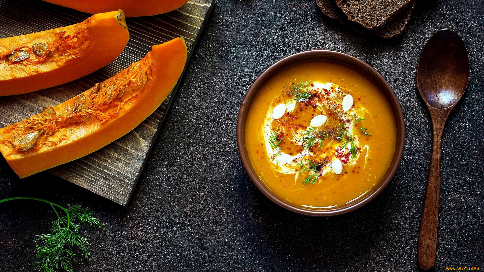 еда, первые, блюда, тыква, тыквенный, суп, черный, хлеб