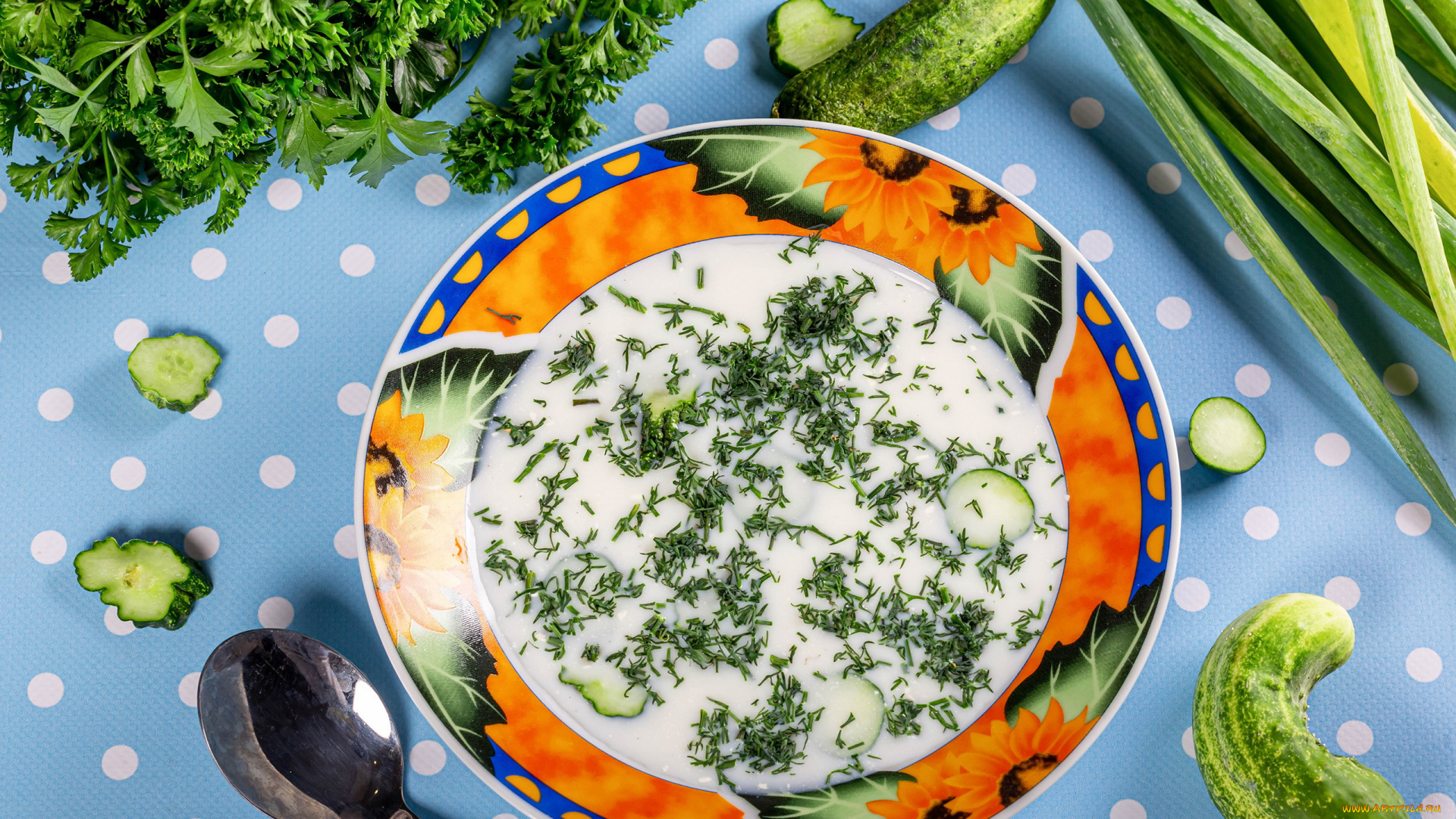 еда, первые, блюда, петрушка, лук, огурец, холодник