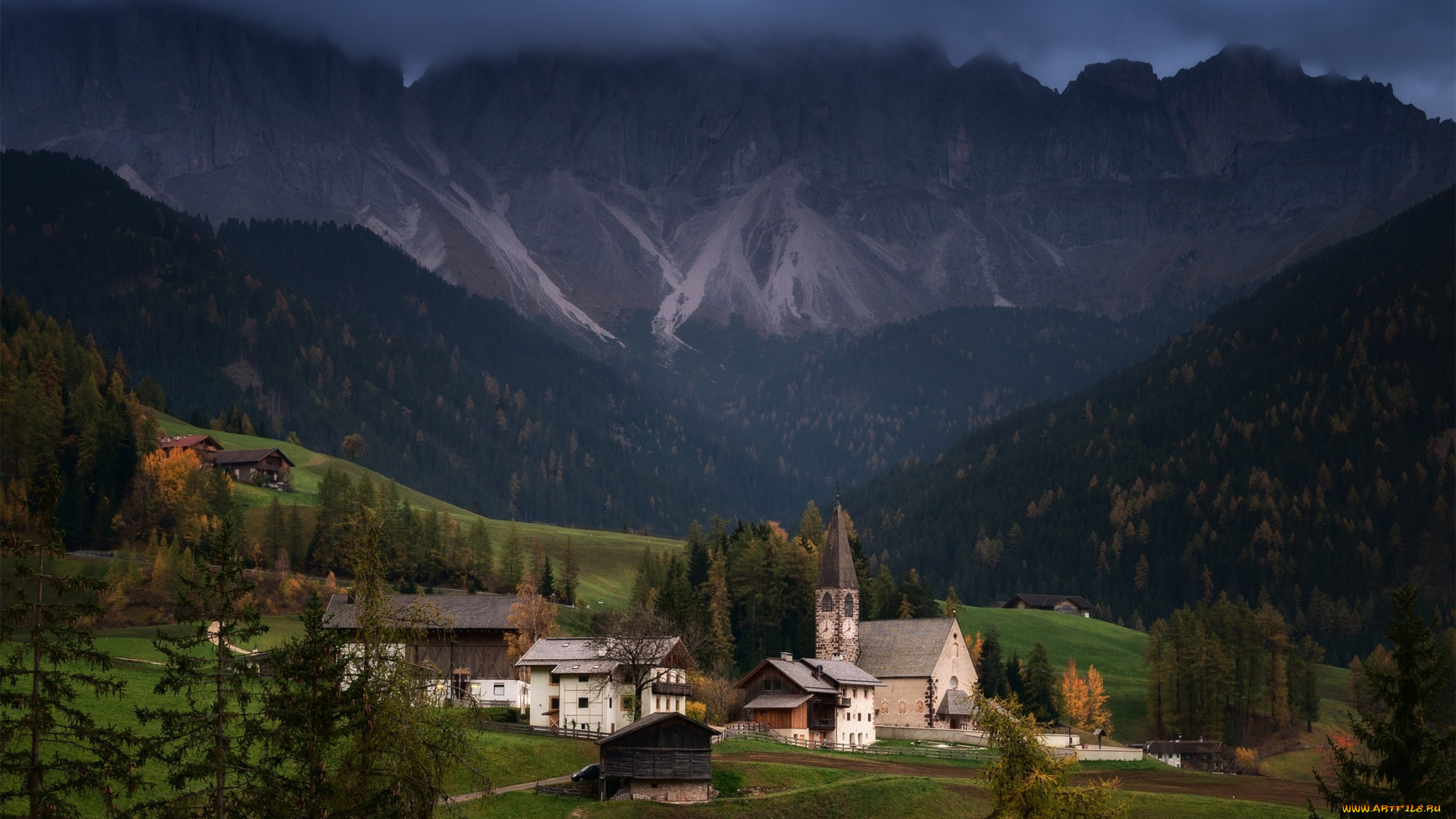 города, валь-де-фюнес, , санта-маддалена, , италия, горы, лес, долина, дома