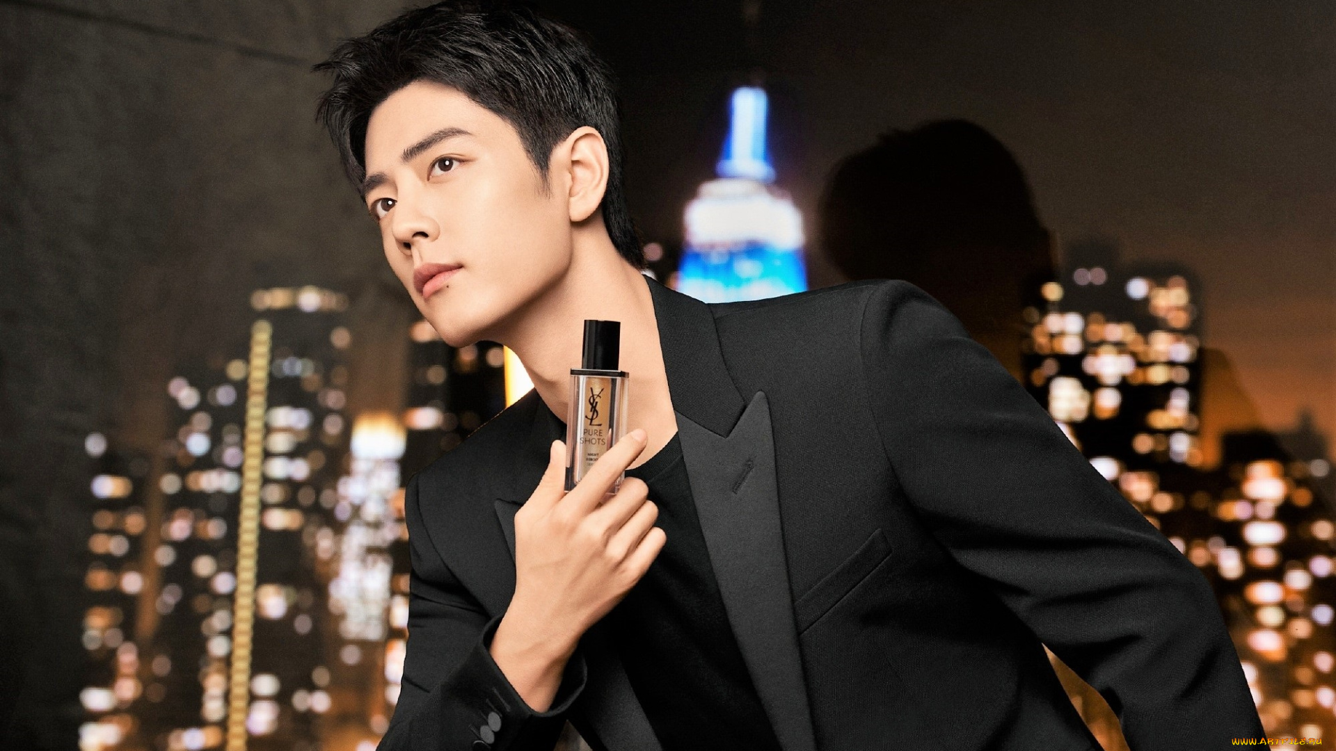 мужчины, xiao, zhan, актер, пиджак, духи, флакон, город, огни