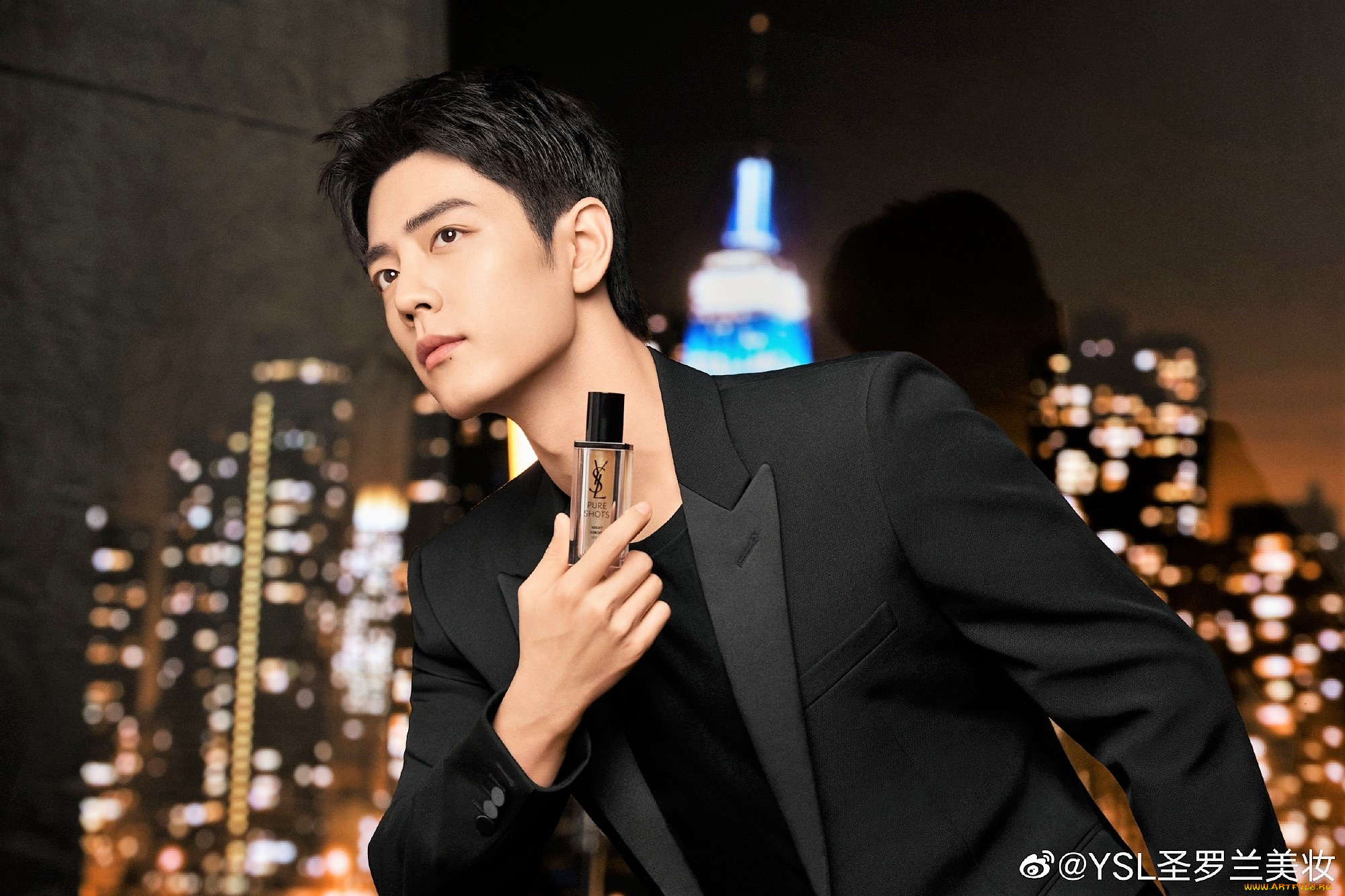 мужчины, xiao, zhan, актер, пиджак, духи, флакон, город, огни