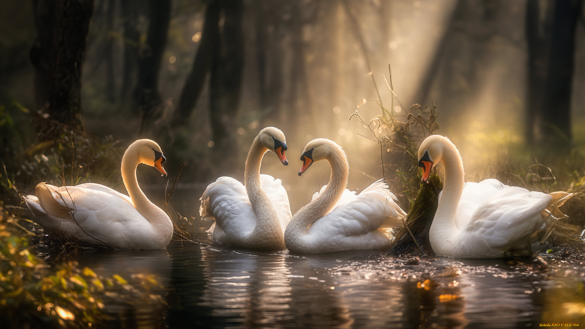 комп, , дизайн, разное, компьютерный, дизайн, арт, птицы, лебеди, вода