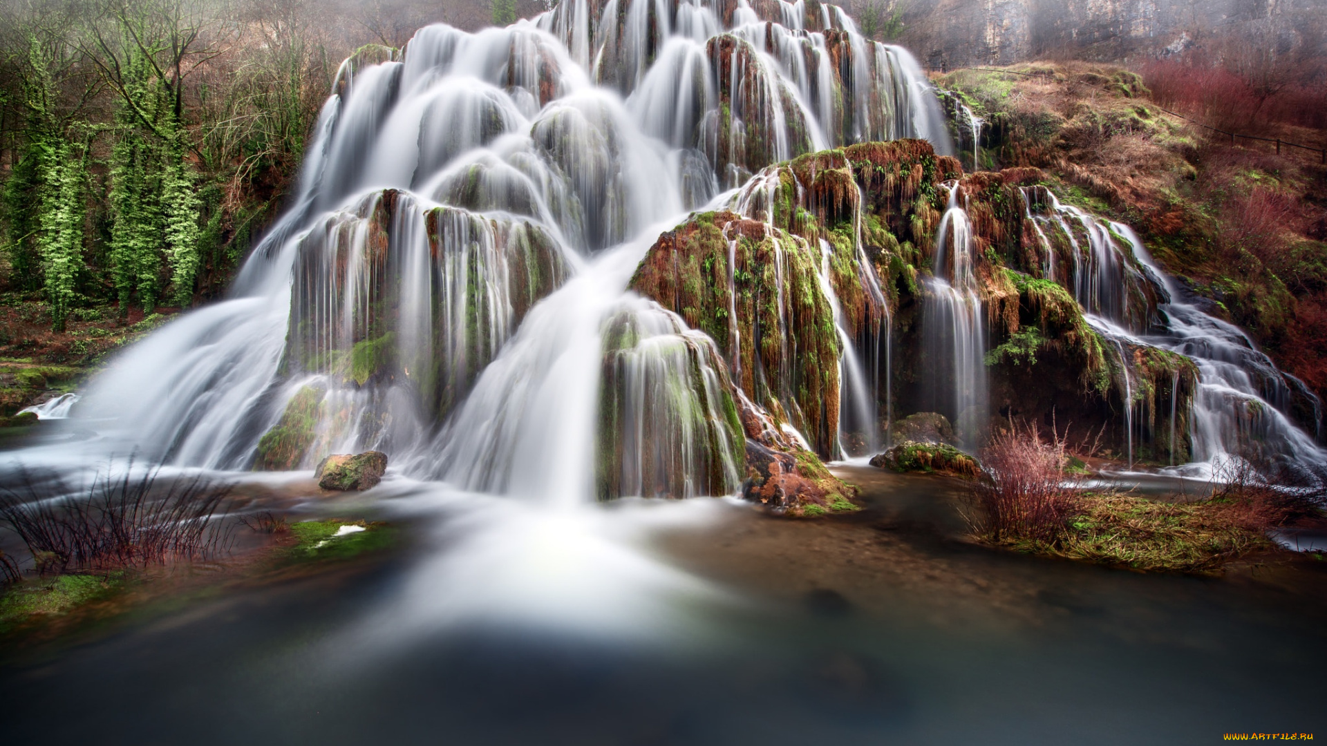 природа, водопады, лес, скалы, водопад, каскад