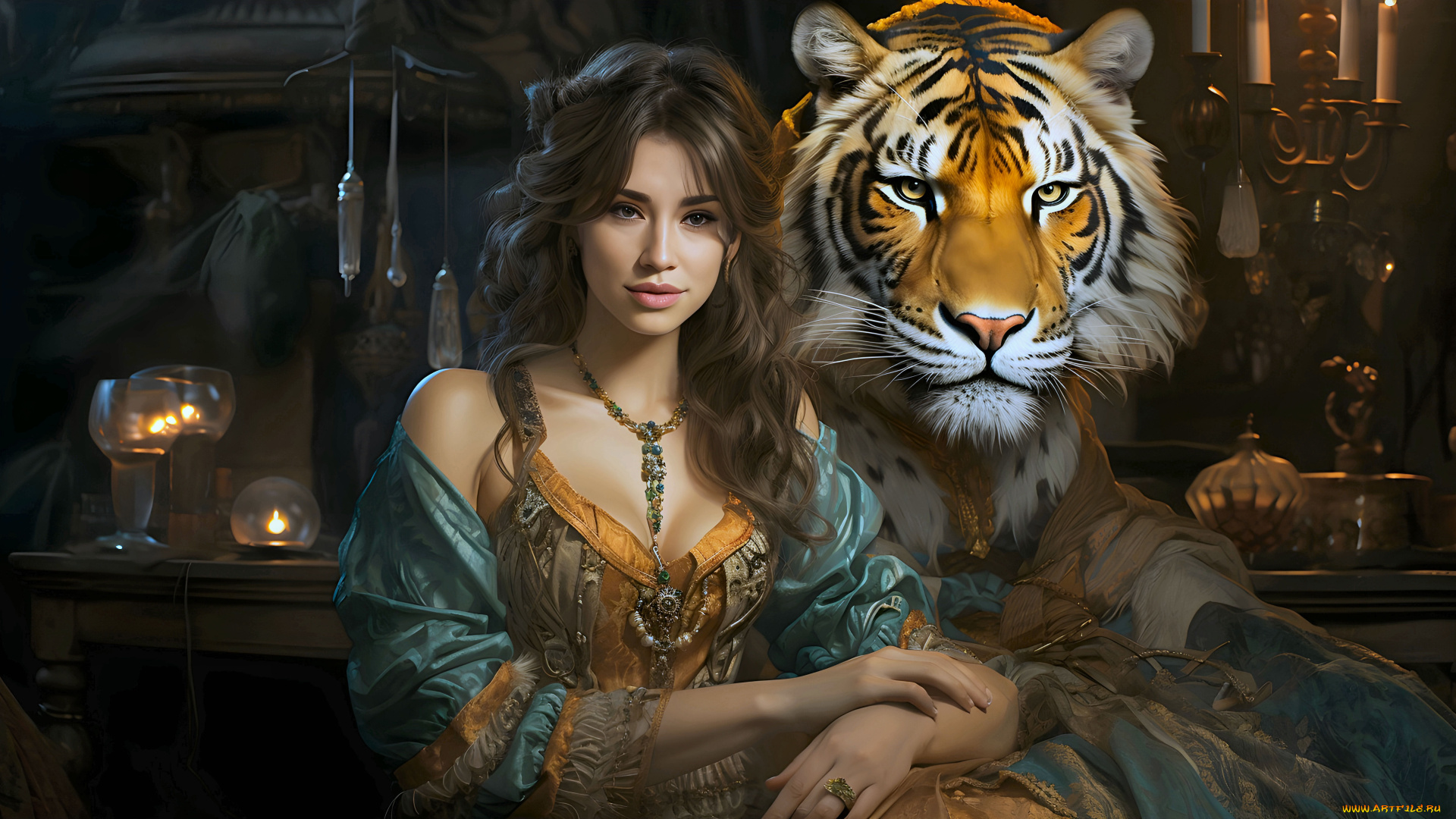 рисованное, люди, девушка, тигр, животное, арт