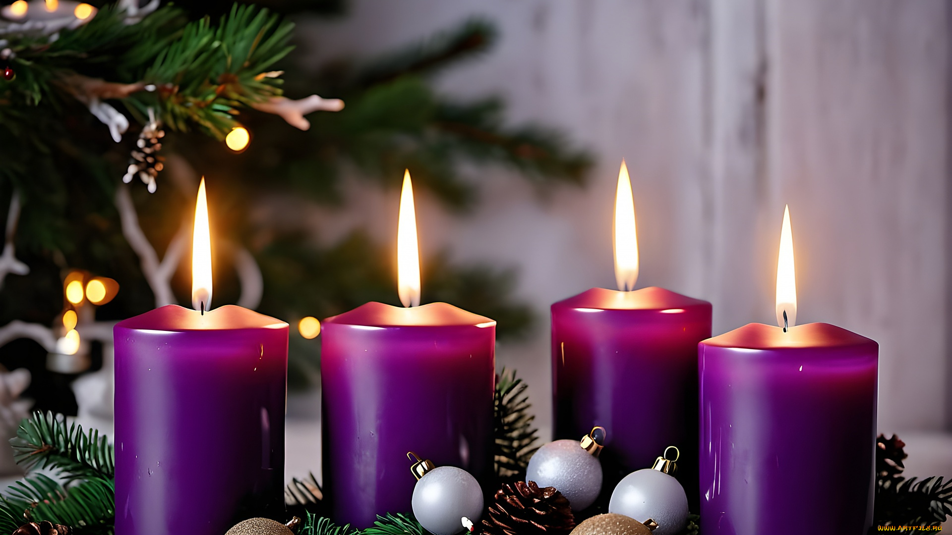 праздничные, новогодние, свечи, свечи, огоньки, шарики, ветки