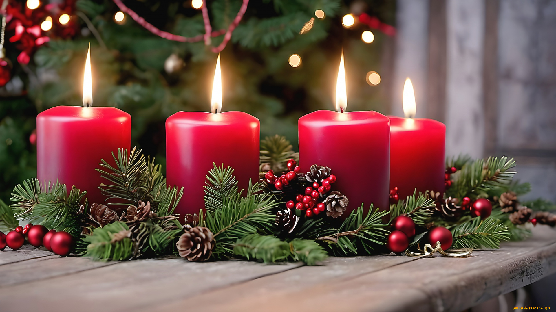 праздничные, новогодние, свечи, свечи, огоньки, шарики, ветки