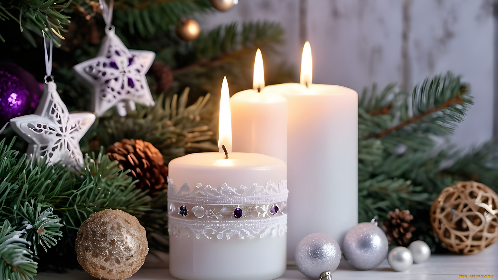 праздничные, новогодние, свечи, свечи, огоньки, шарики, ветки